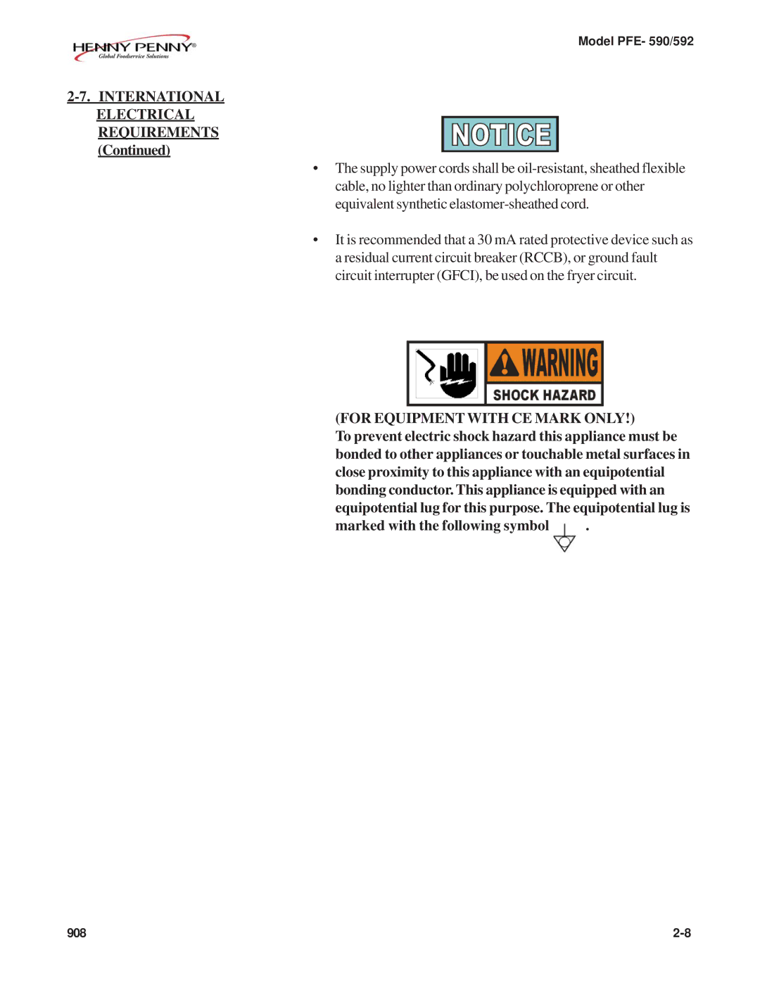 Henny Penny PFE-590, PFE-592 manual Electrical Requirements, For Equipment with CE Mark only 