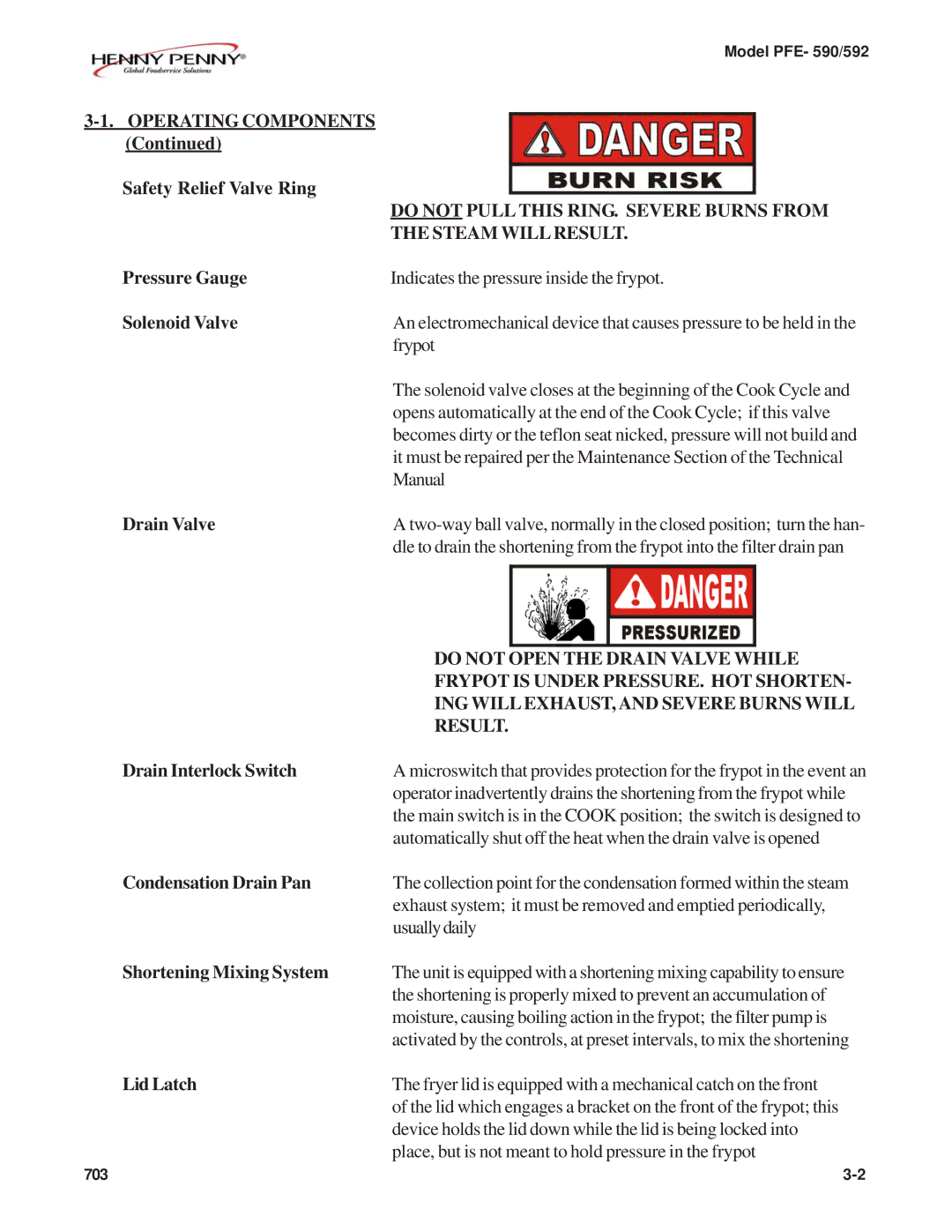 Henny Penny PFE-590 manual Do not Pull this RING. Severe Burns from, Steam will Result, Do not Open the Drain Valve While 