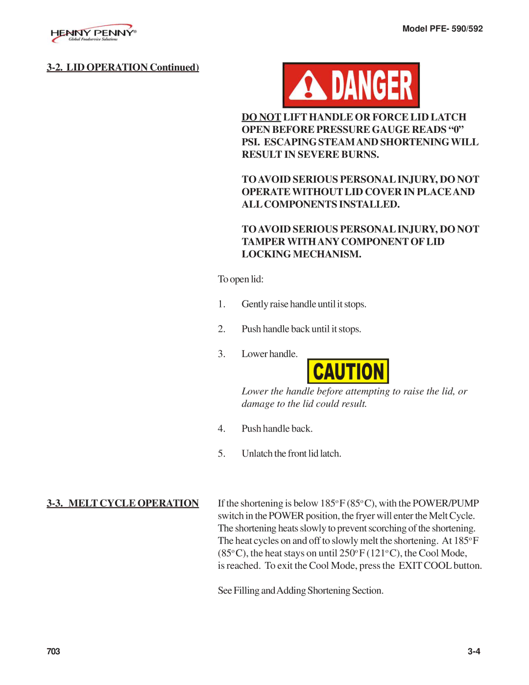 Henny Penny PFE-590, PFE-592 manual LID Operation 