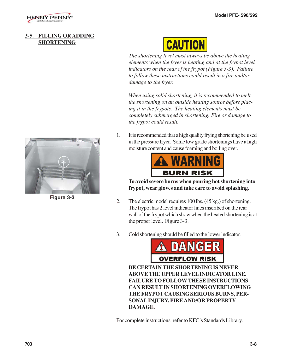 Henny Penny PFE-590, PFE-592 manual Filling or Adding Shortening 