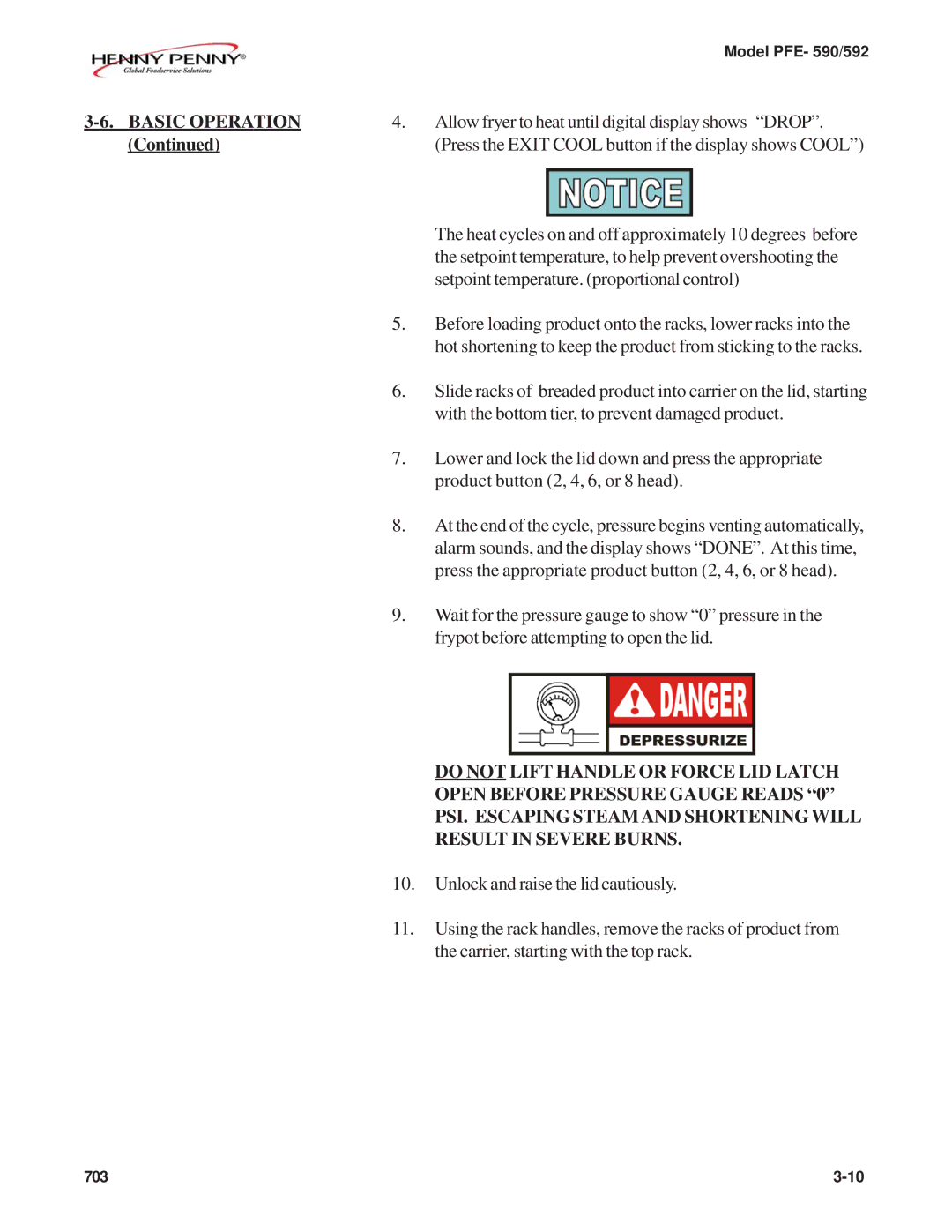 Henny Penny PFE-590, PFE-592 manual Allow fryer to heat until digital display shows Drop 