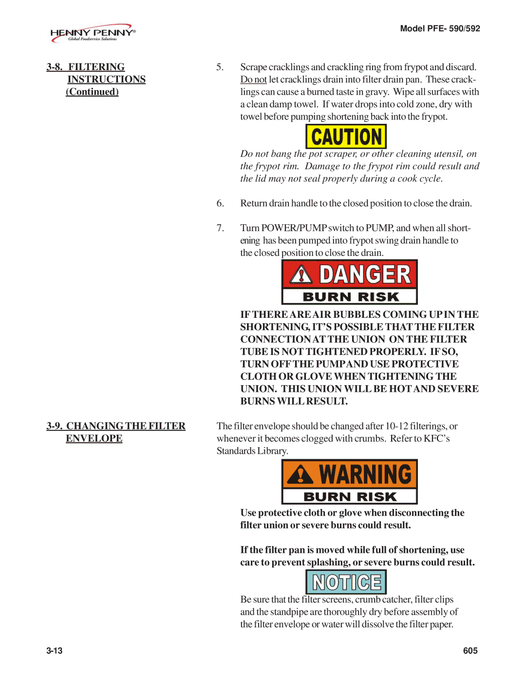 Henny Penny PFE-592 SHORTENING, IT’S Possible That the Filter, Connection AT the Union on the Filter, Burns will Result 