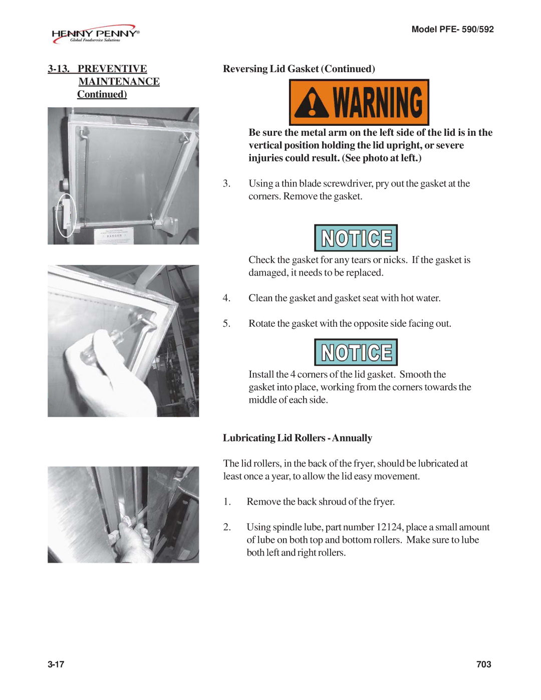 Henny Penny PFE-592, PFE-590 manual Preventive, Reversing Lid Gasket, Maintenance, Lubricating Lid Rollers -Annually 