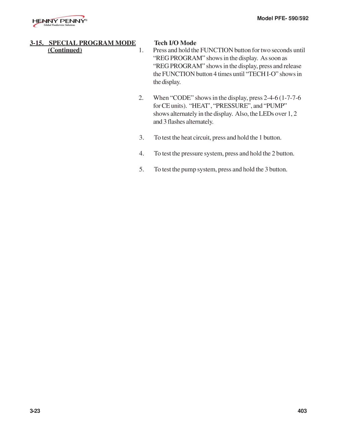 Henny Penny PFE-592, PFE-590 manual Tech I/O Mode 