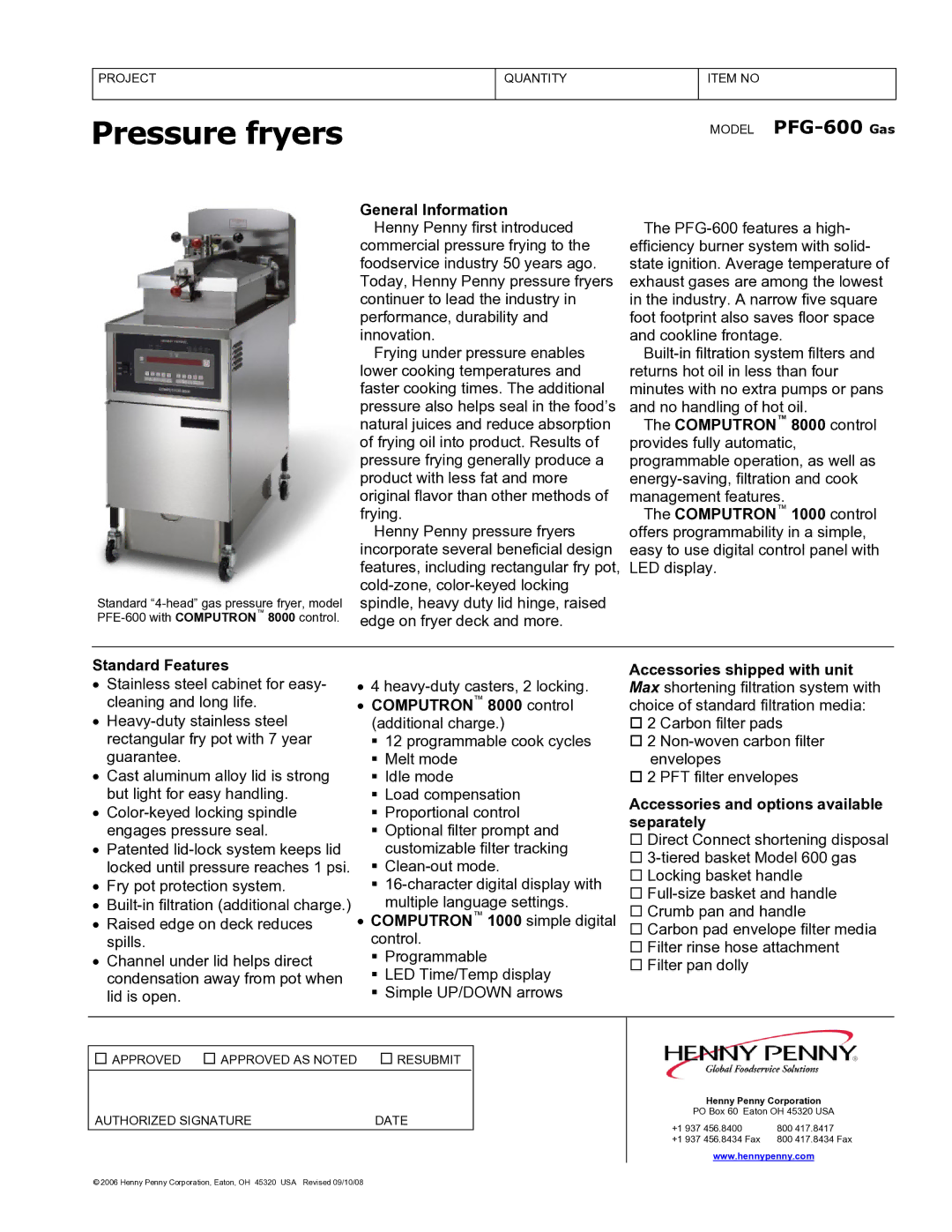 Henny Penny PFG-600 Gas manual General Information Henny Penny first introduced, Computron 8000 control additional charge 