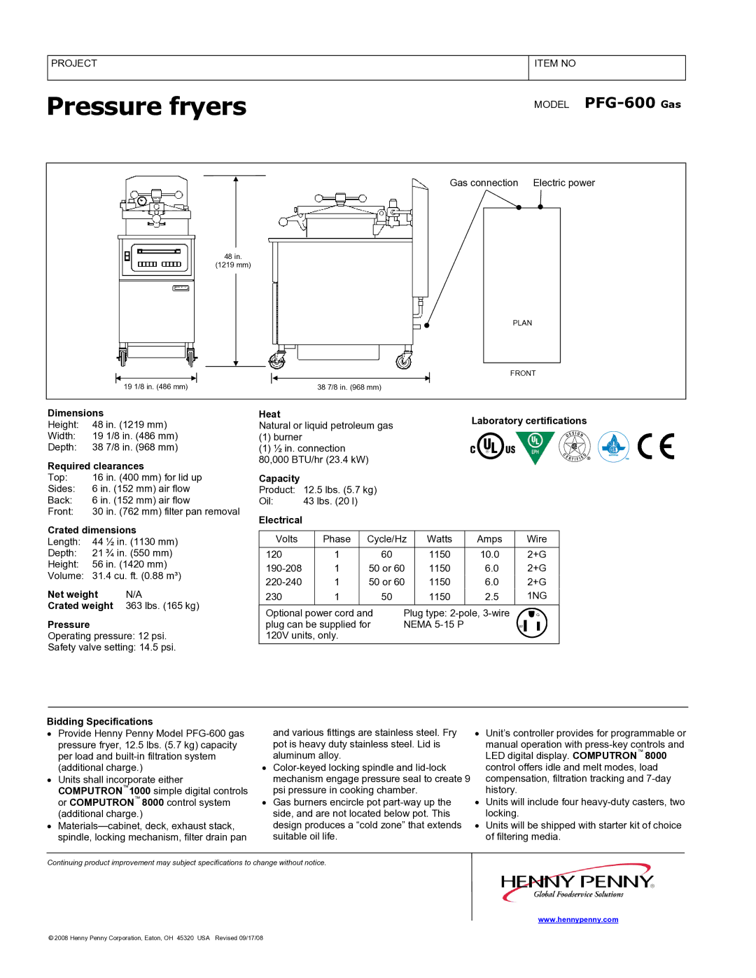 Henny Penny PFG-600 Gas manual Dimensions, Required clearances, Crated dimensions, Net weight Crated weight, Pressure, Heat 