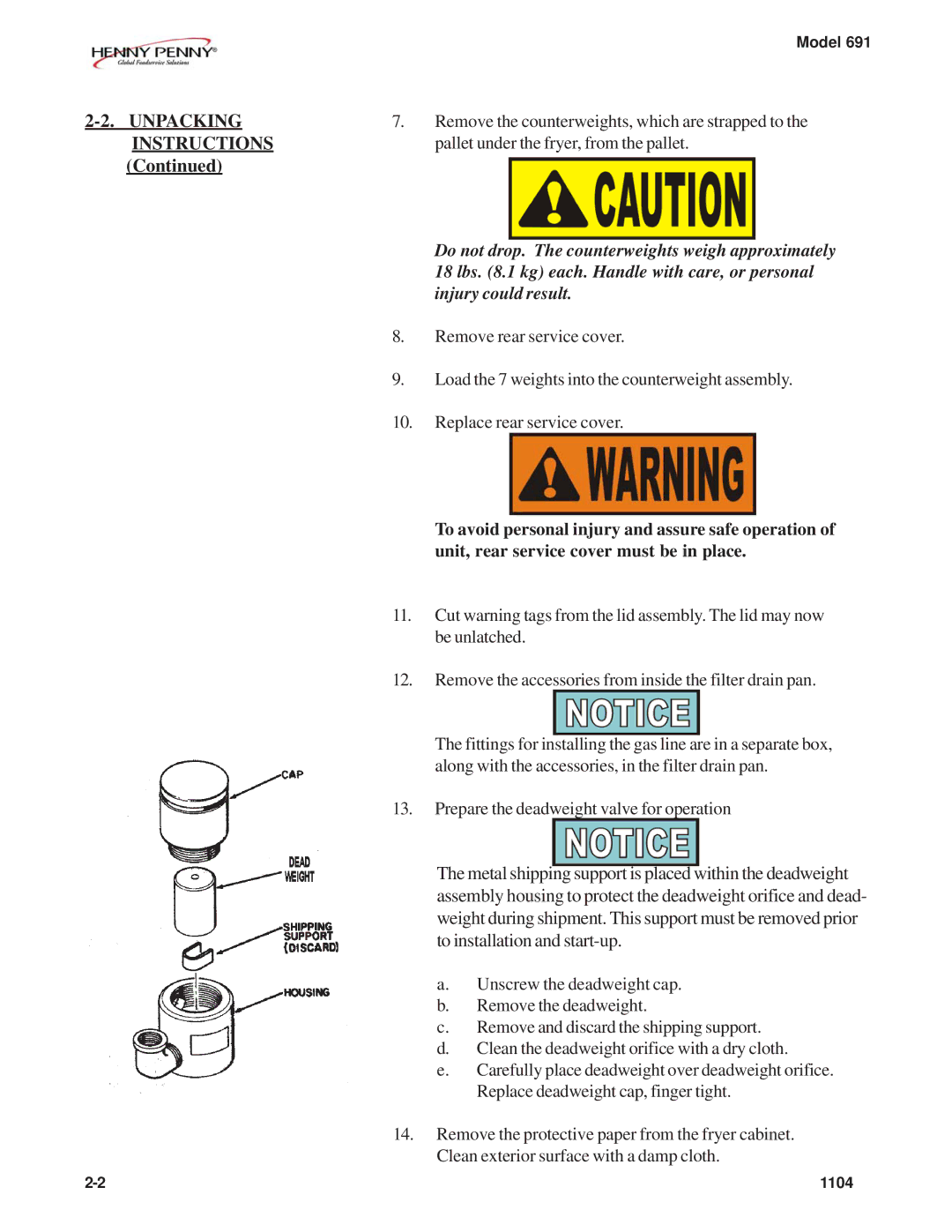 Henny Penny PFG-691 manual Unpacking, Instructions 