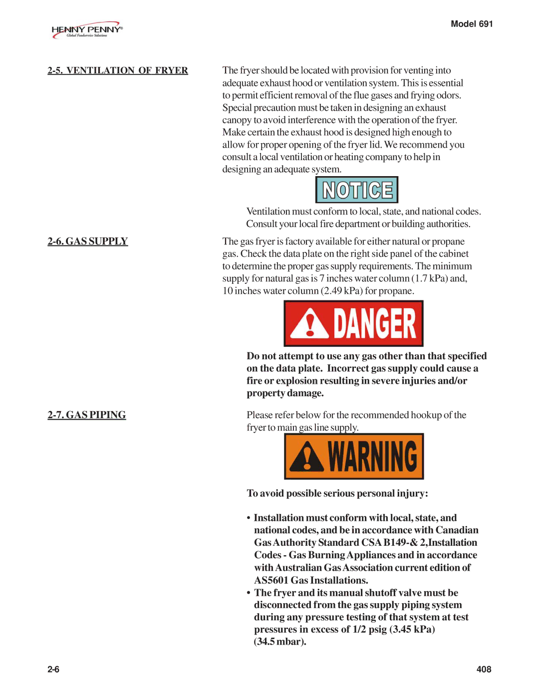 Henny Penny PFG-691 manual GAS Supply, GAS Piping 