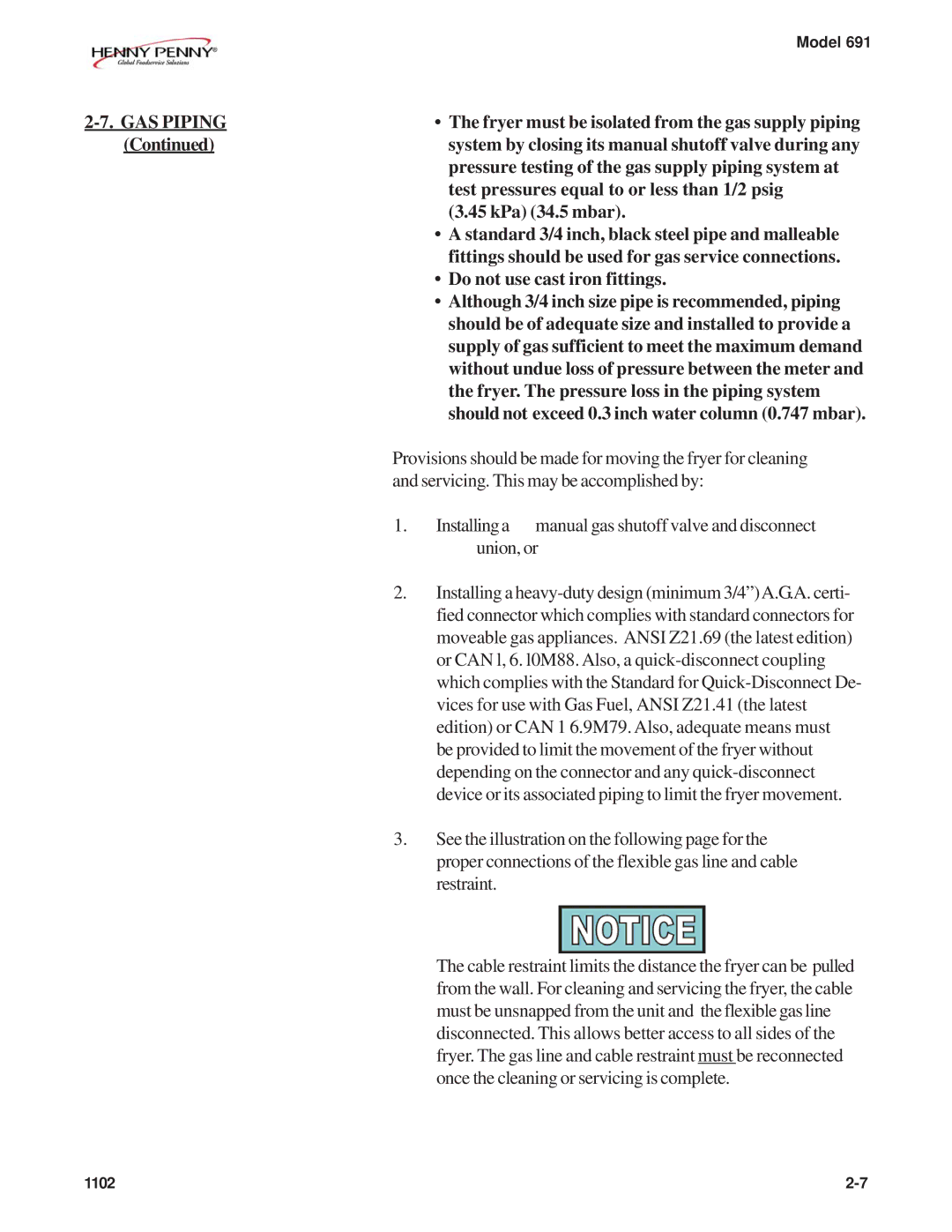 Henny Penny PFG-691 manual Fryer must be isolated from the gas supply piping 