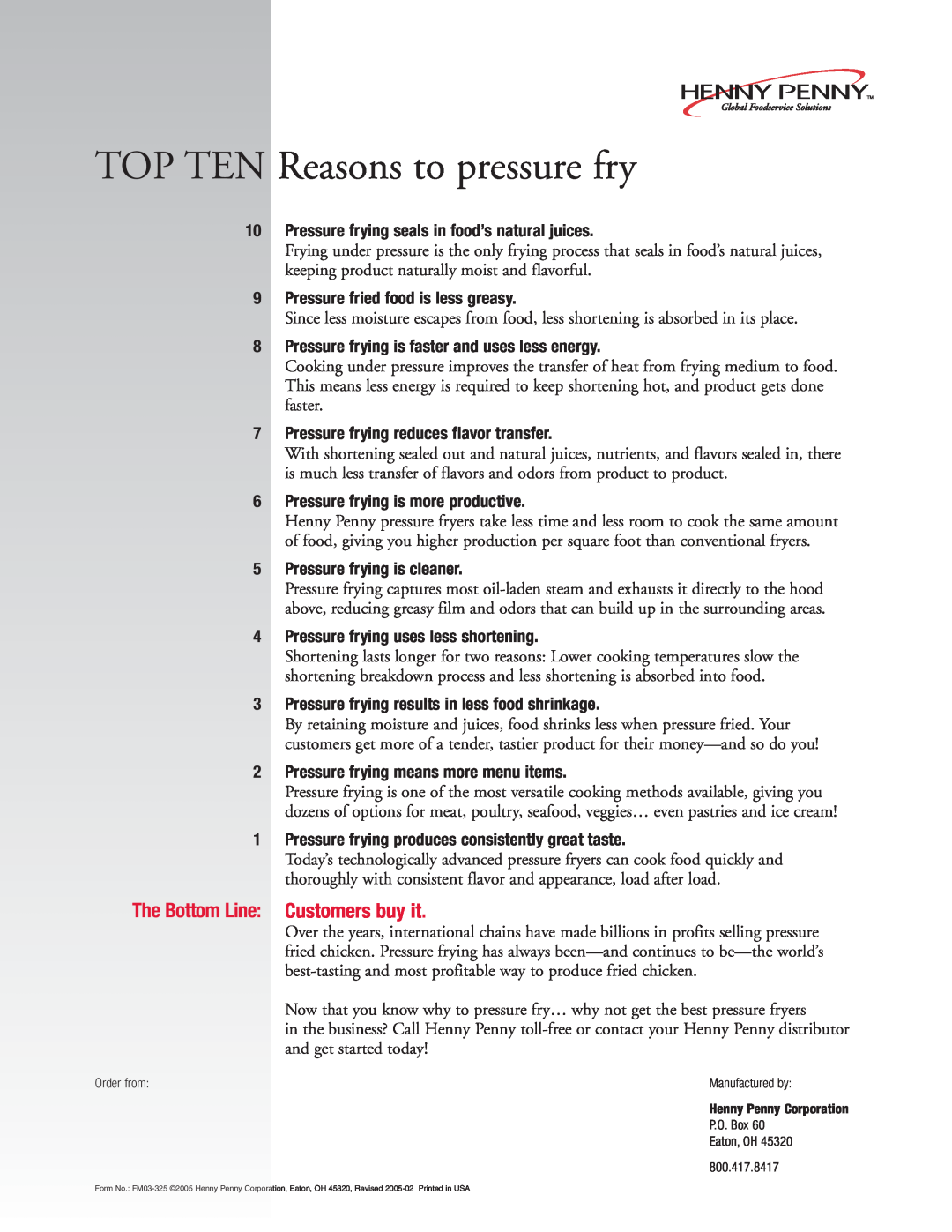 Henny Penny Pressure Fryer manual TOP TEN Reasons to pressure fry, Customers buy it, The Bottom Line 