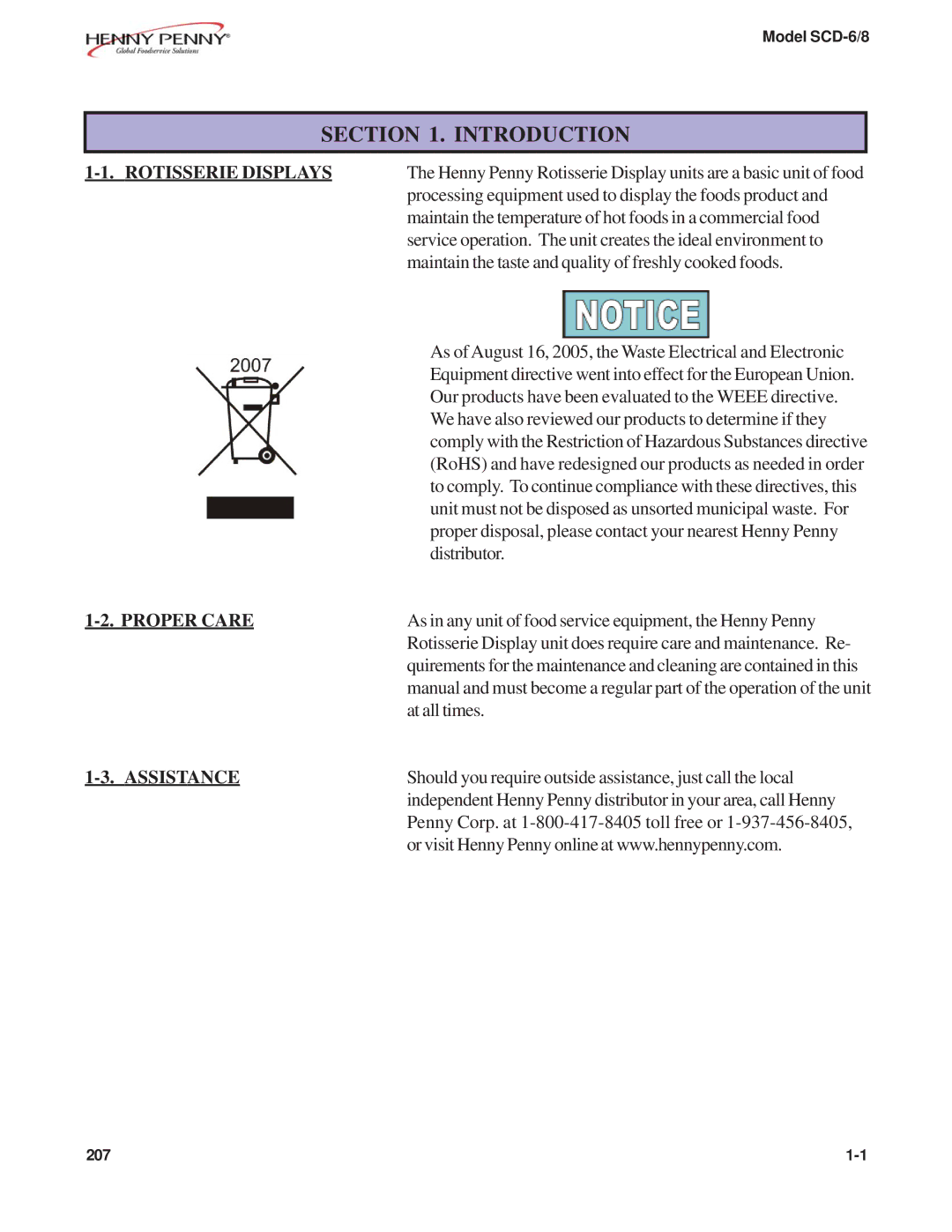 Henny Penny SCD-6/8 manual Introduction, Rotisserie Displays, Proper Care, Assistance 