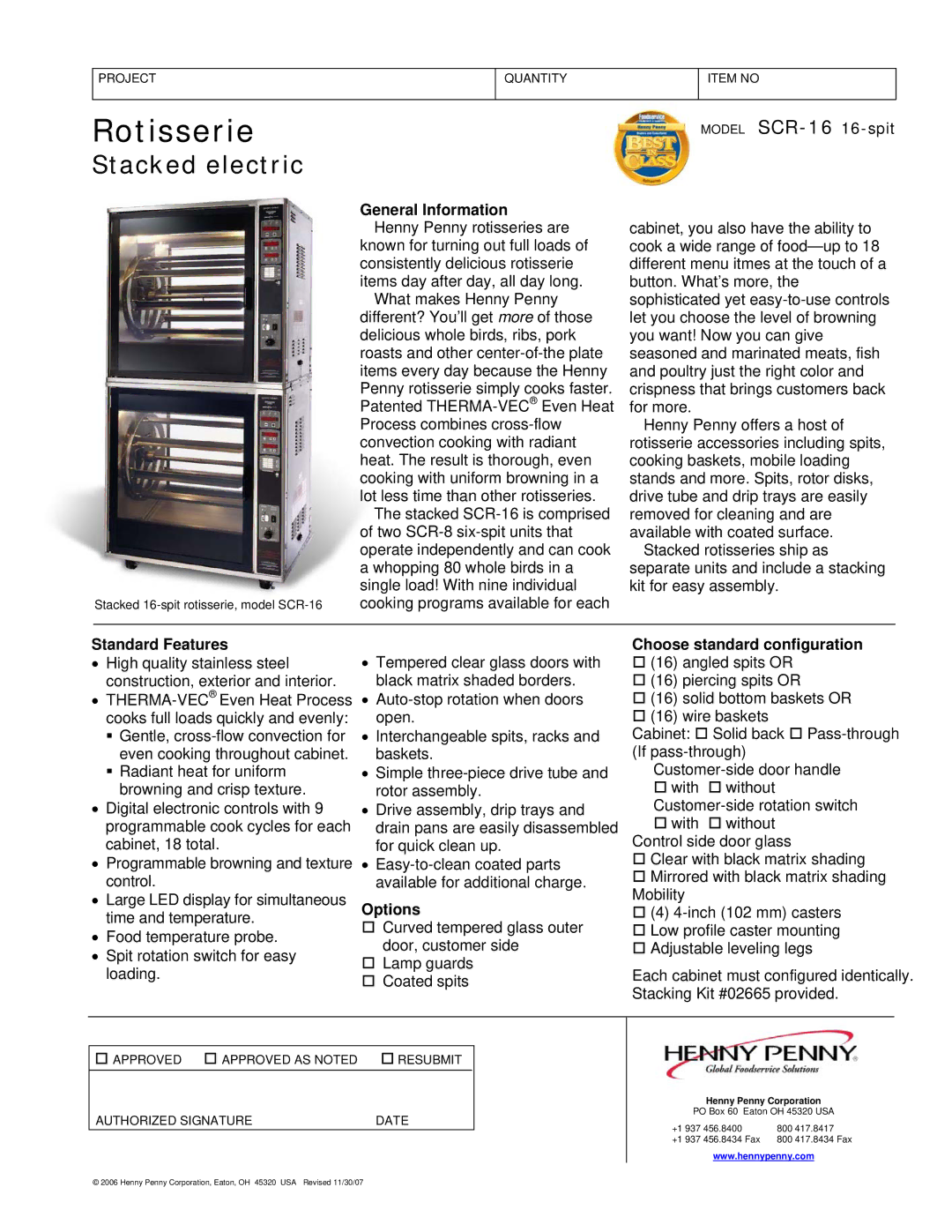 Henny Penny SCR-16 16-spit manual General Information, Standard Features, Options, Choose standard configuration 