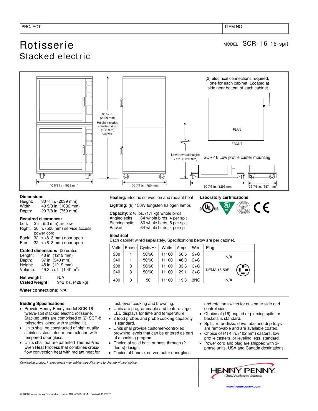 Henny Penny SCR-16 16-spit manual Dimensions, Required clearances, Crated dimensions 2 crates, Crated weight, Electrical 