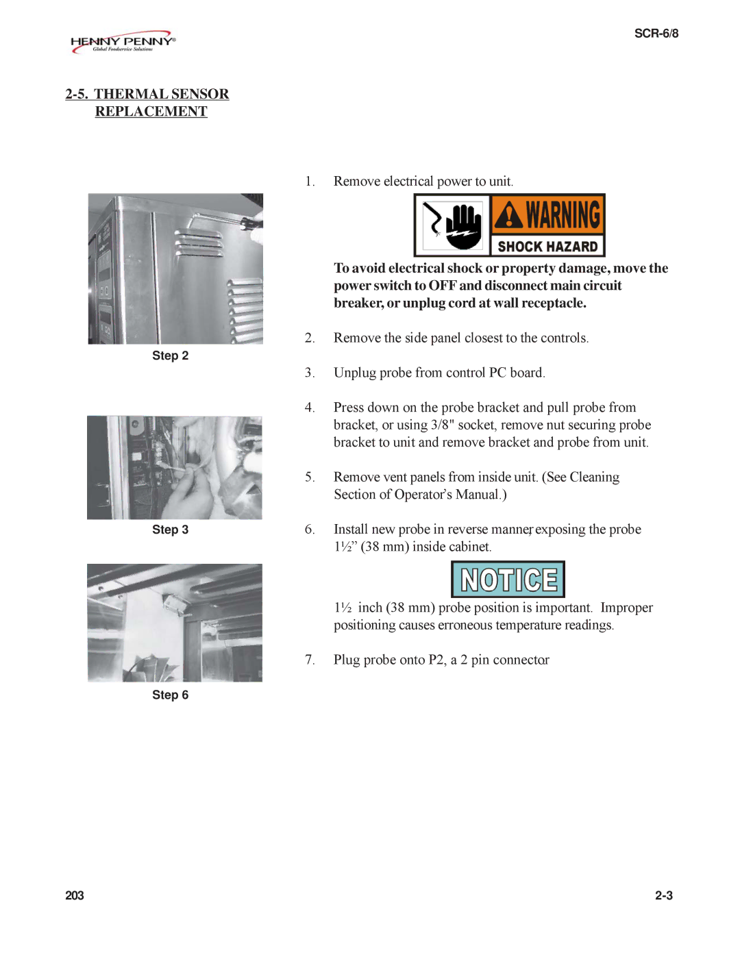 Henny Penny SCR-6/8 technical manual Thermal Sensor Replacement 