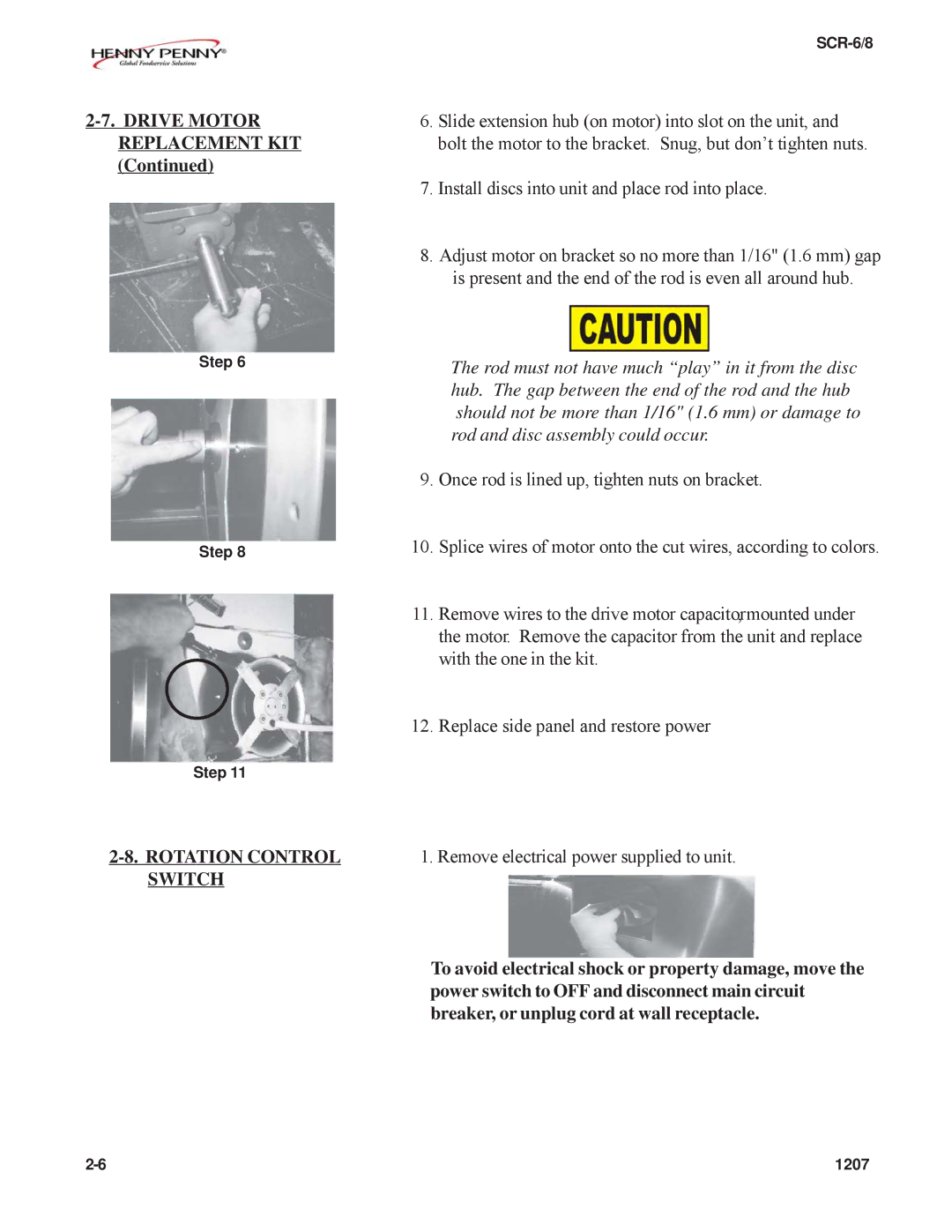 Henny Penny SCR-6/8 technical manual Drive Motor Replacement KIT, Rotation Control Switch 