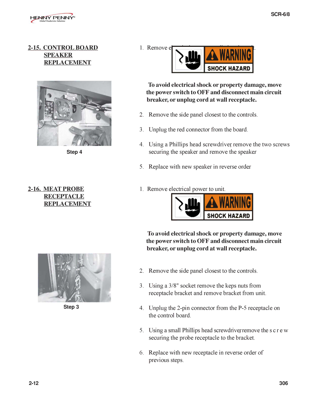 Henny Penny SCR-6/8 technical manual Control Board Speaker Replacement, Meat Probe Receptacle Replacement 