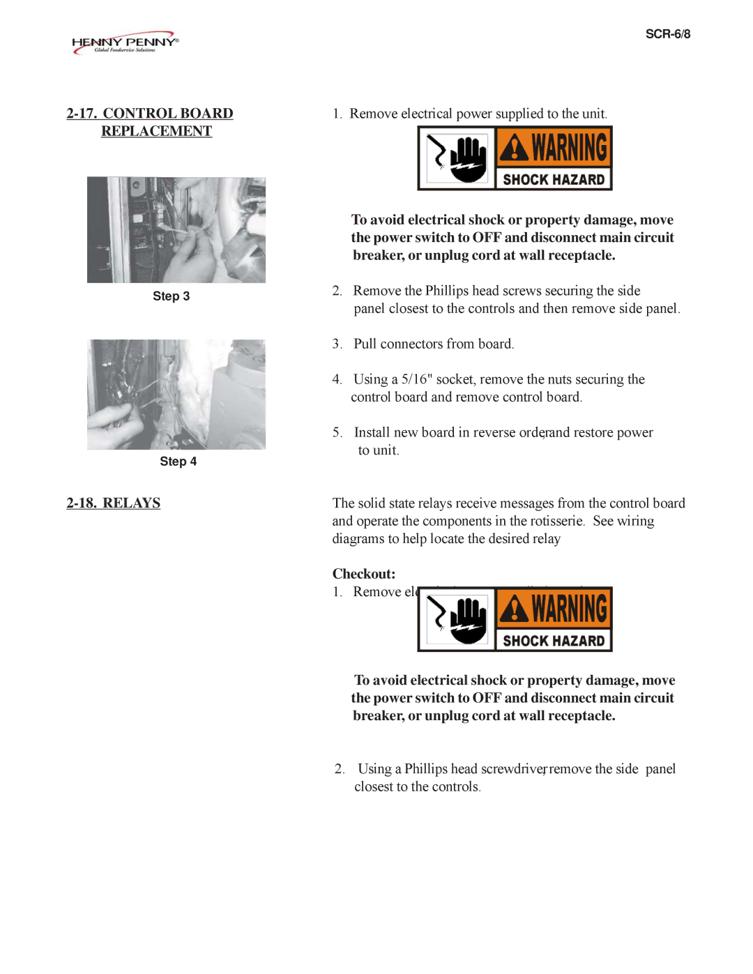 Henny Penny SCR-6/8 technical manual Control Board Replacement, Relays 