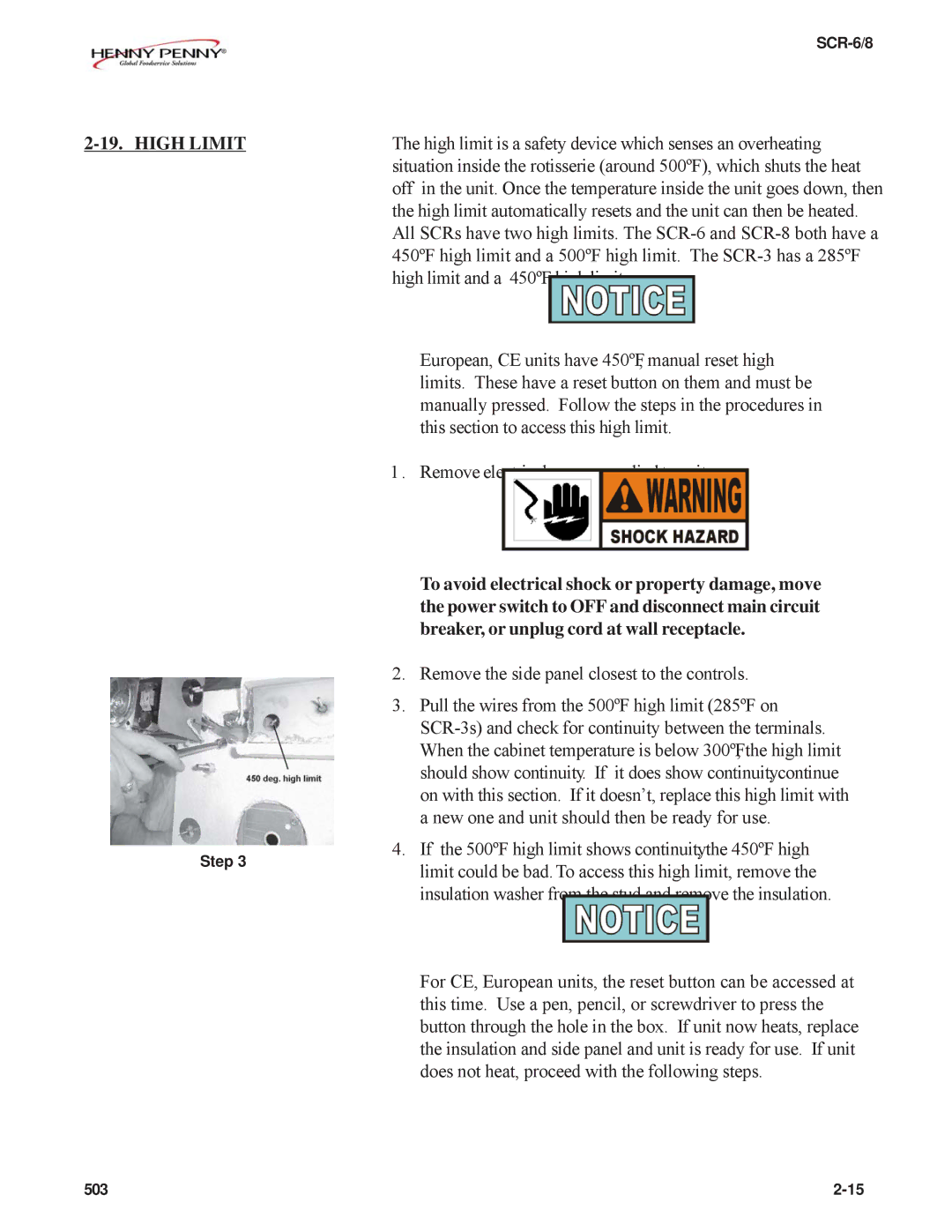 Henny Penny SCR-6/8 technical manual High Limit 