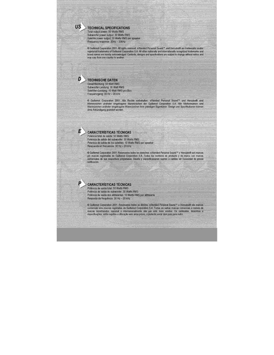 Hercules Computer Technology XPS 210 manual US Technical Specifications, Technische Daten, Características Técnicas 