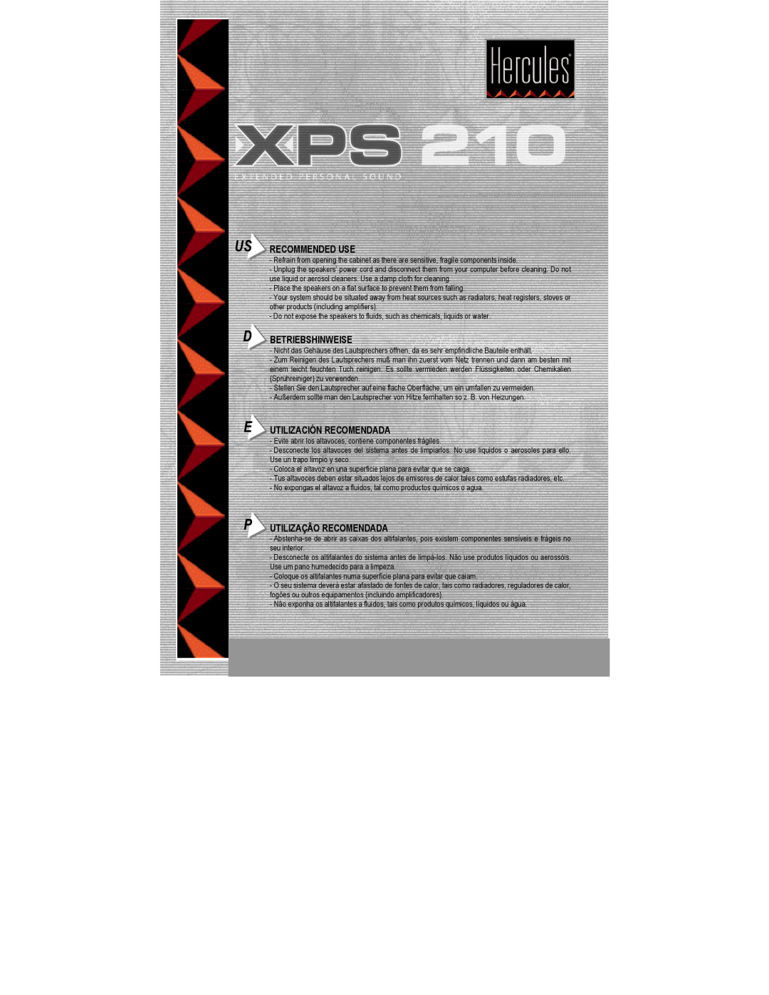Hercules Computer Technology XPS 210 manual Recommended Use, Betriebshinweise, Utilización Recomendada 