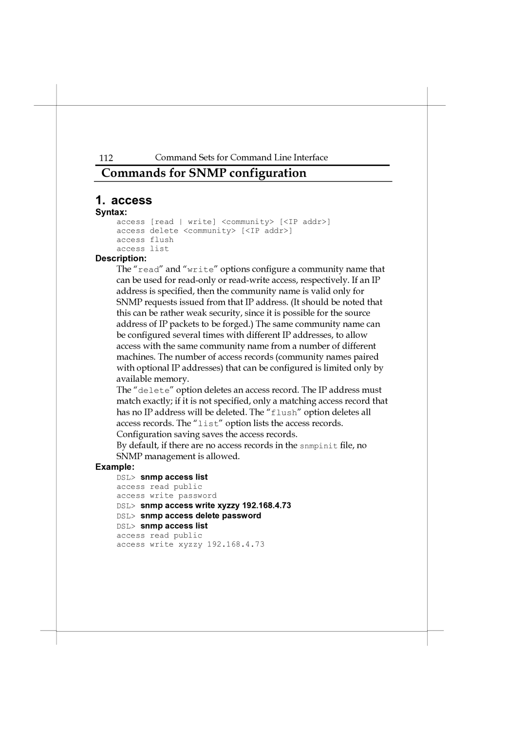 Heritage Kayaks Heritage Series manual Commands for Snmp configuration, Access 