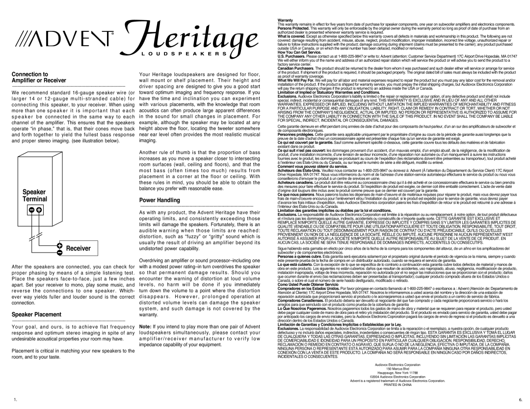 Heritage Kayaks Loudspeaker manual Speaker Terminal, Connection to Amplifier or Receiver, Power Handling 