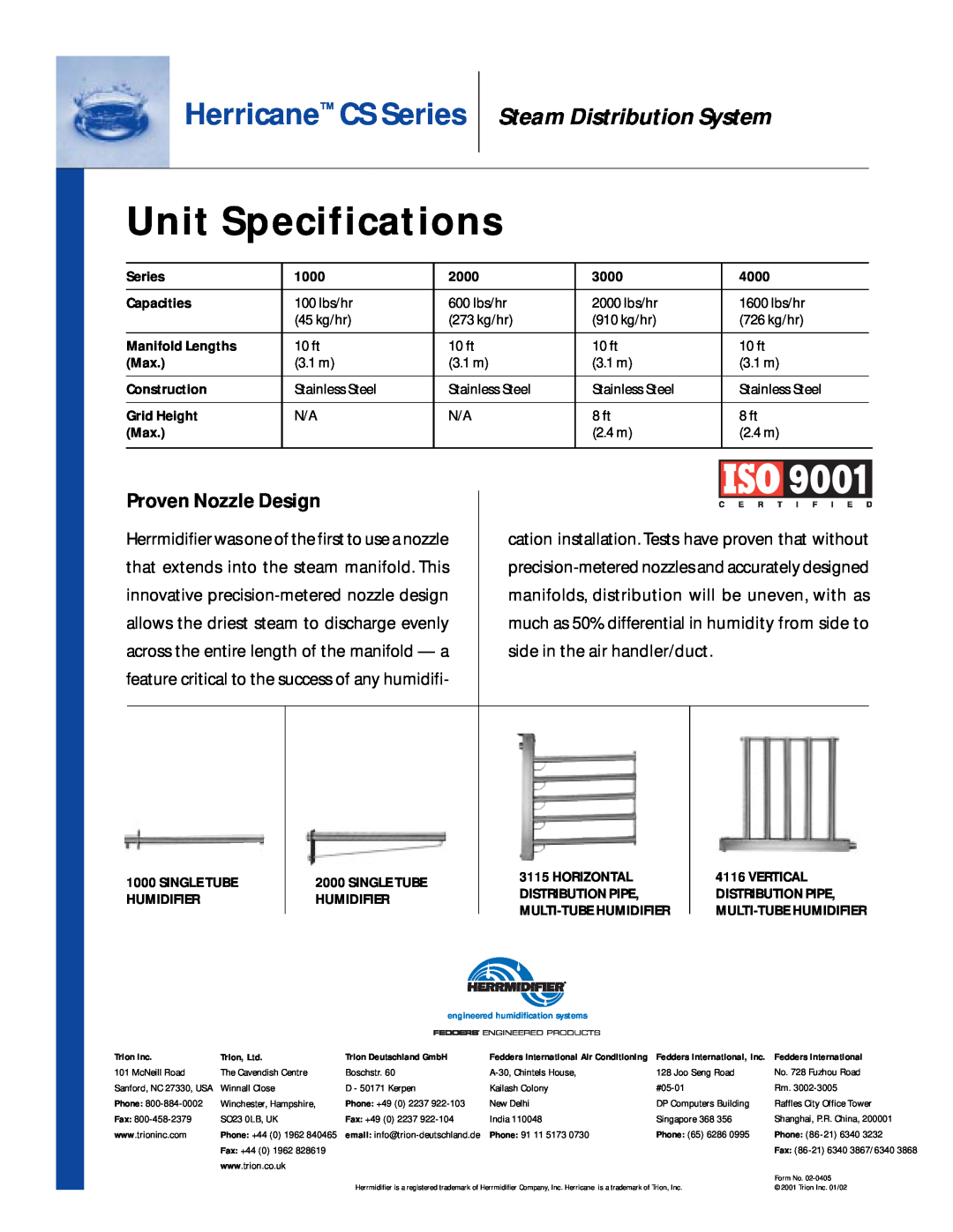 Herrmidifier Co 2000, 1000, 4000 Unit Specifications, Herricane CS Series, Steam Distribution System, Proven Nozzle Design 