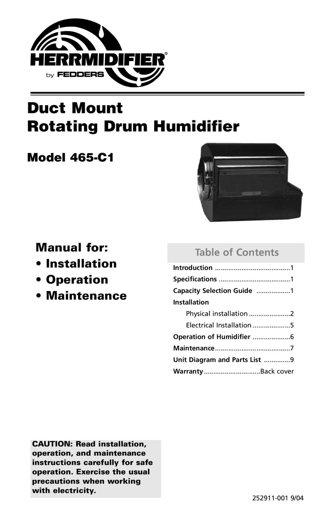 Herrmidifier Co 465-C1 specifications Duct Mount Rotating Drum Humidifier 