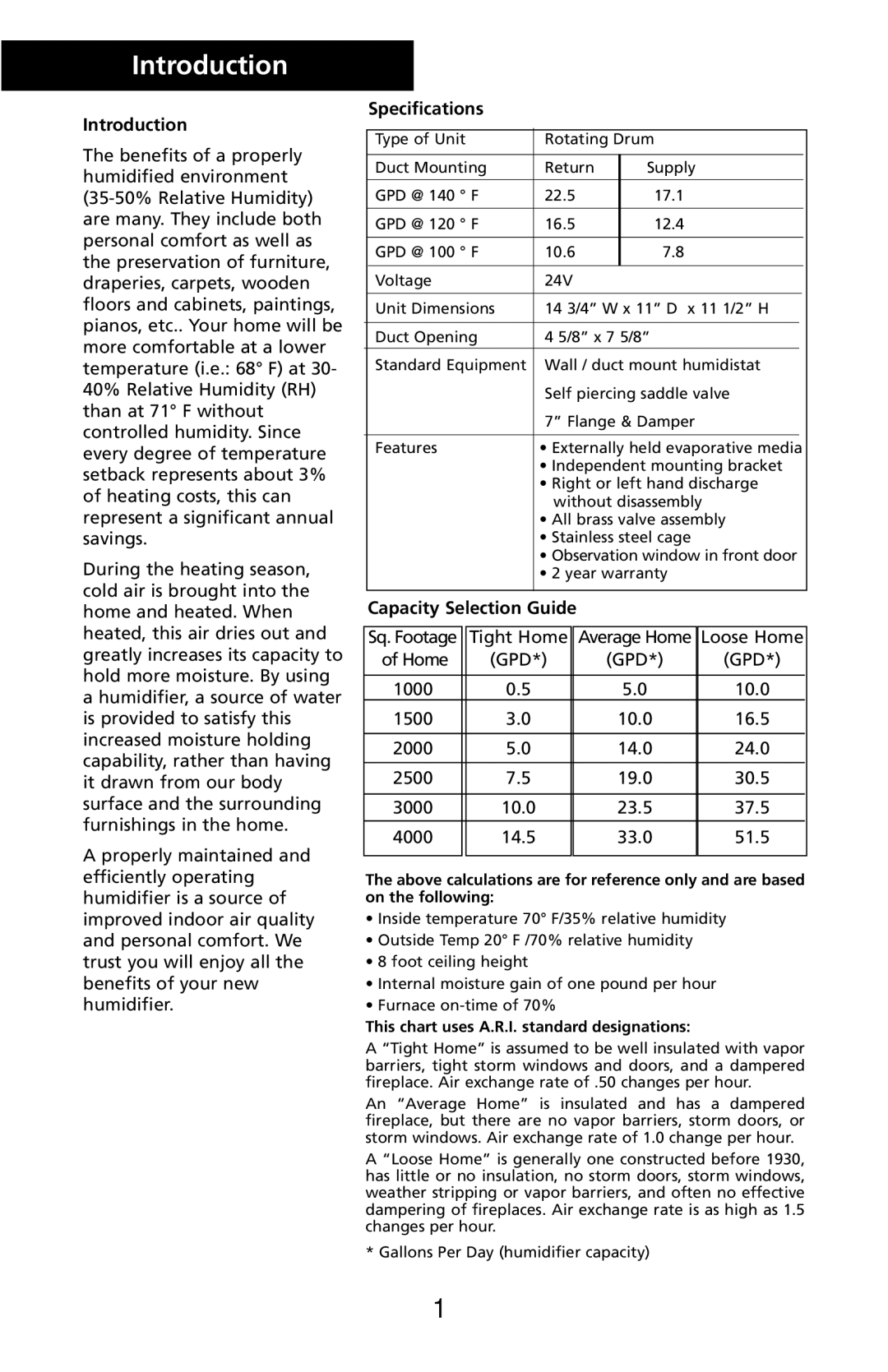 Herrmidifier Co 465-C1 specifications Introduction, Specifications, Capacity Selection Guide 