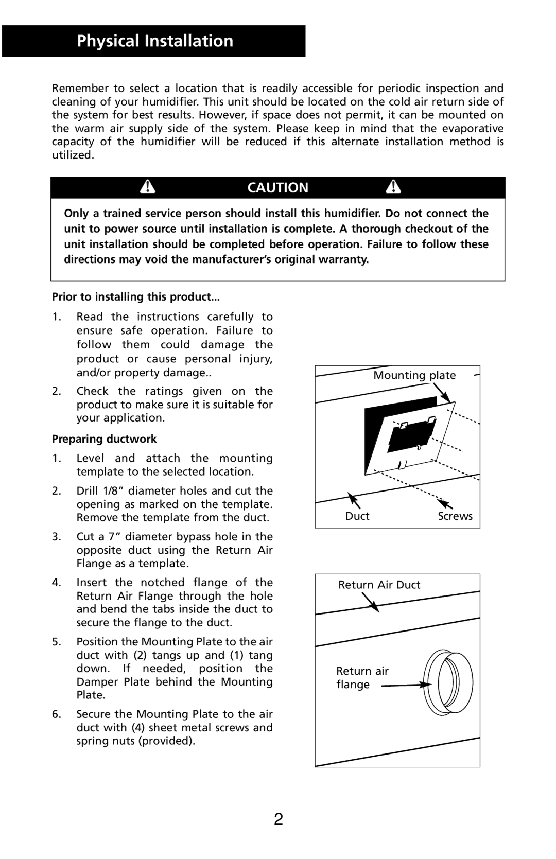 Herrmidifier Co 465-C1 specifications Physical Installation, Prior to installing this product, Preparing ductwork 