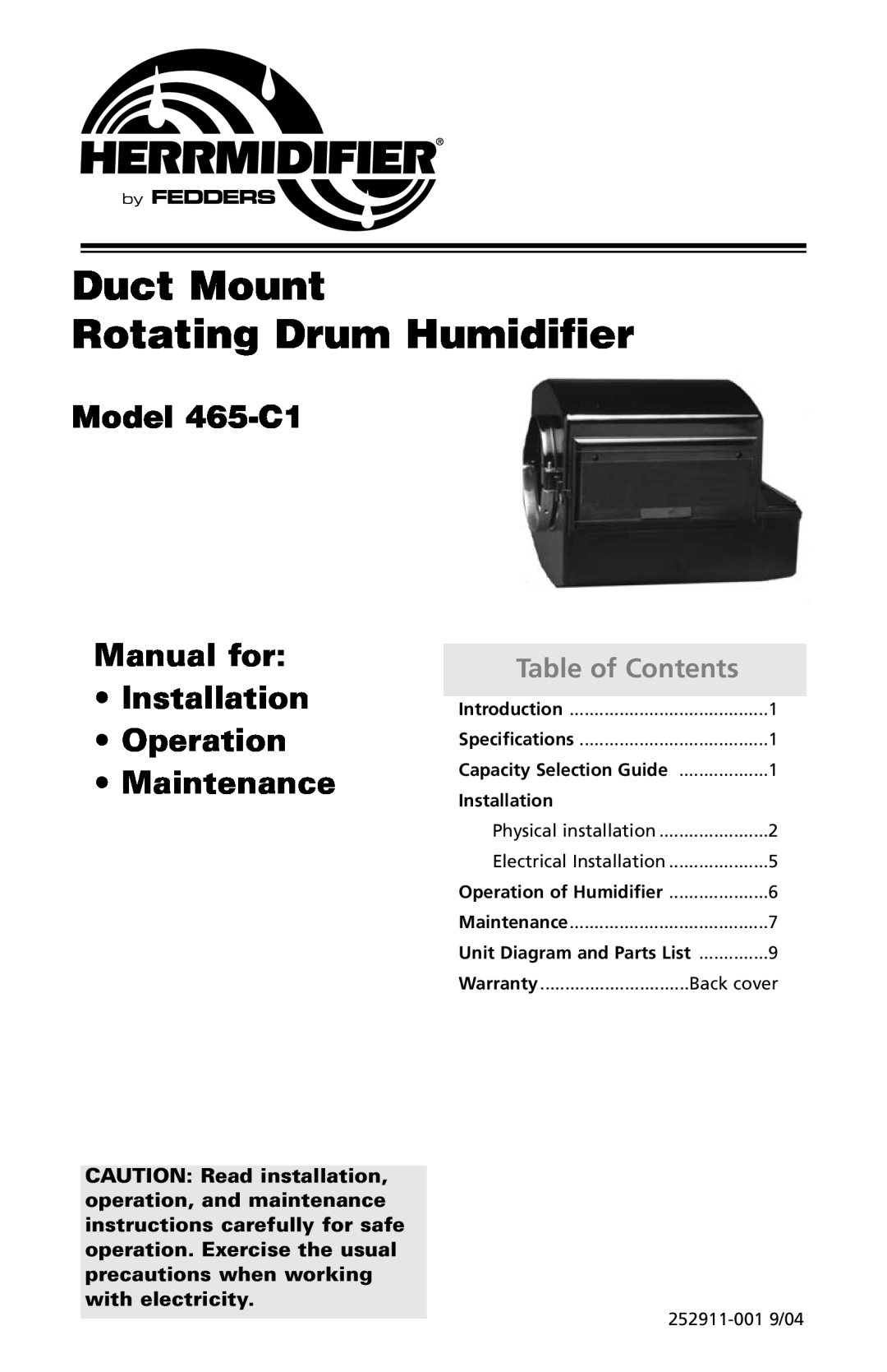 Herrmidifier Co specifications Duct Mount Rotating Drum Humidifier, Model 465-C1, Table of Contents, Installation 