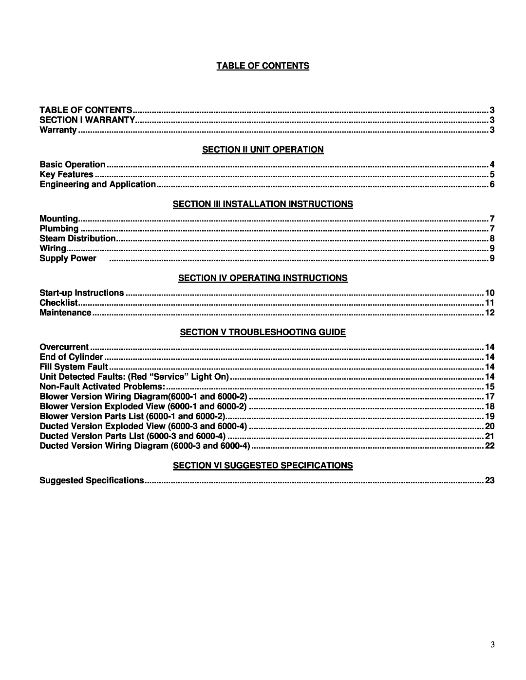 Herrmidifier Co 6000 owner manual Table Of Contents, Section Ii Unit Operation, Section Iii Installation Instructions 