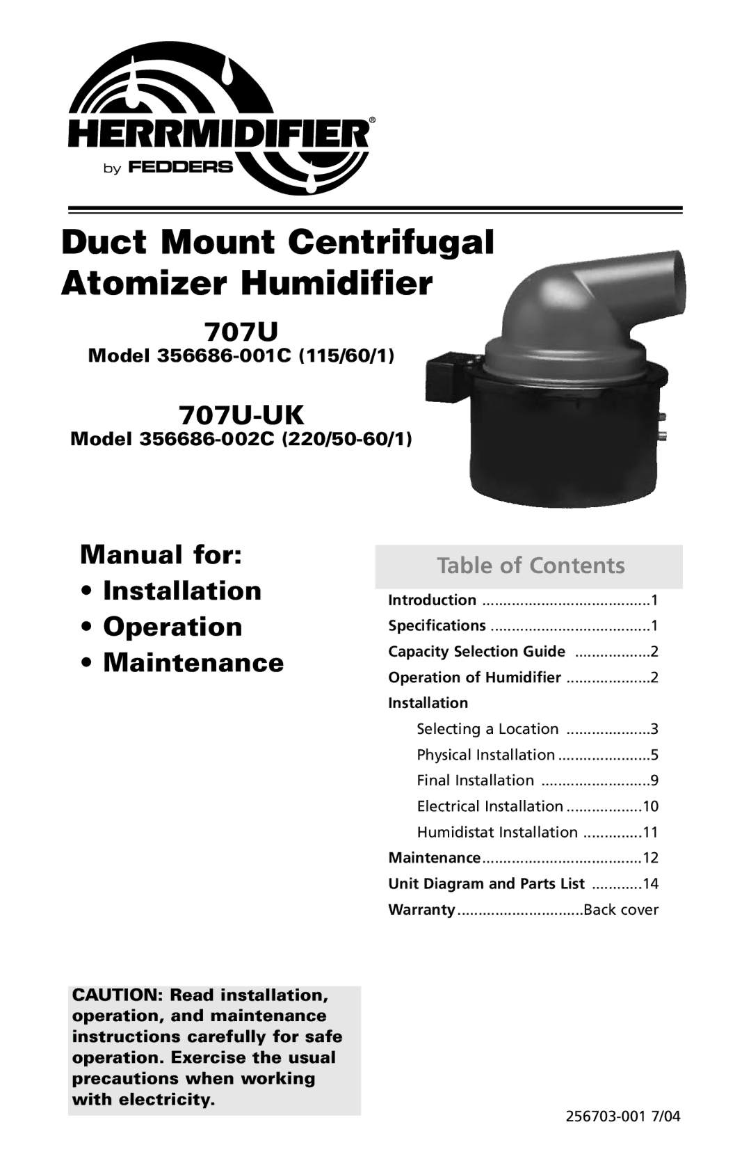 Herrmidifier Co 707U-UK specifications Duct Mount Centrifugal Atomizer Humidifier 