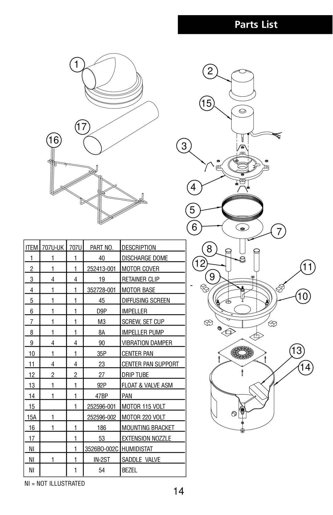 Herrmidifier Co 707U-UK specifications Parts List 