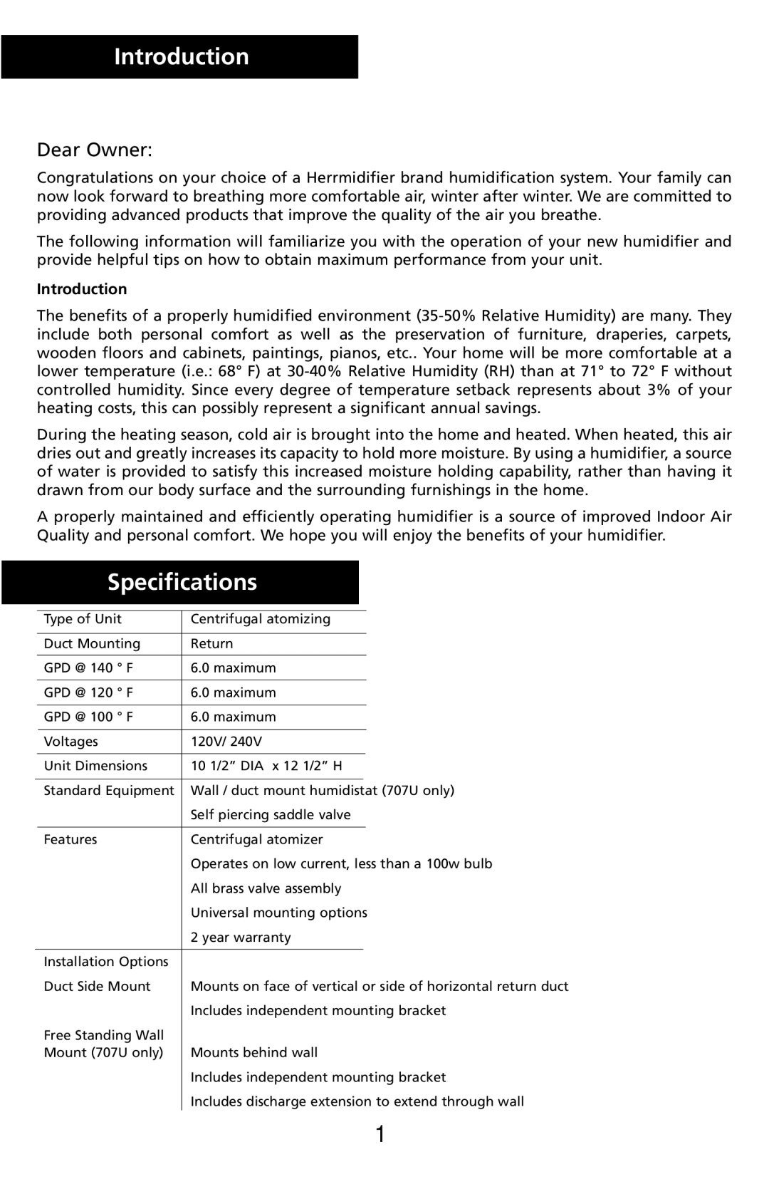 Herrmidifier Co 707U-UK specifications Introduction, Specifications 