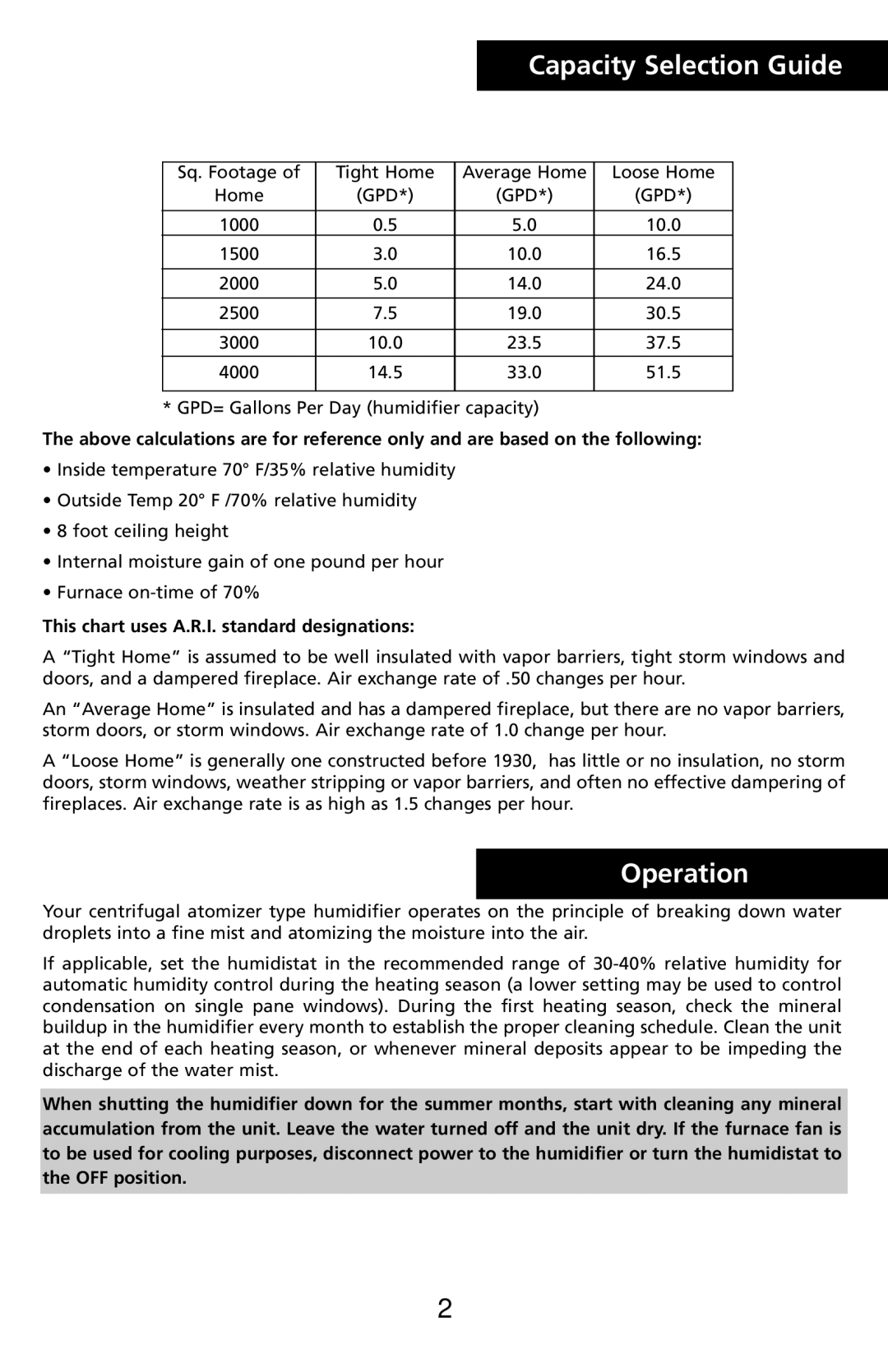 Herrmidifier Co 707U-UK specifications Capacity Selection Guide, Operation, This chart uses A.R.I. standard designations 