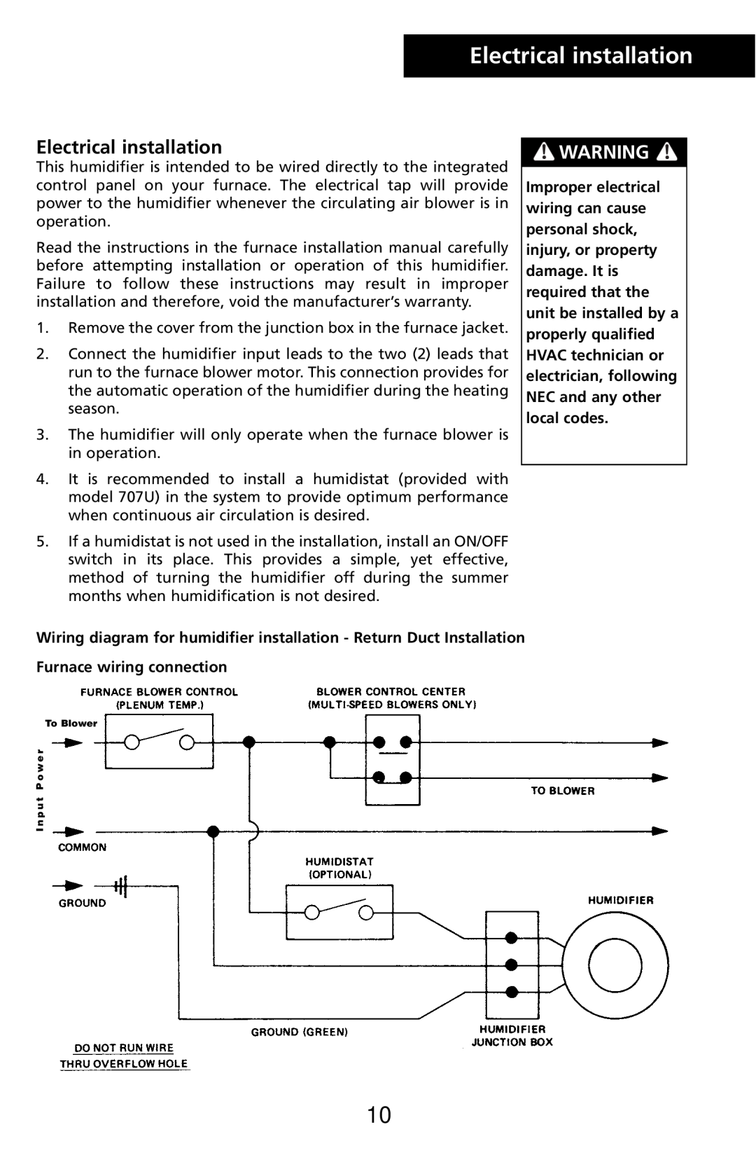 Herrmidifier Co 707U-UK specifications Electrical installation, Furnace wiring connection 