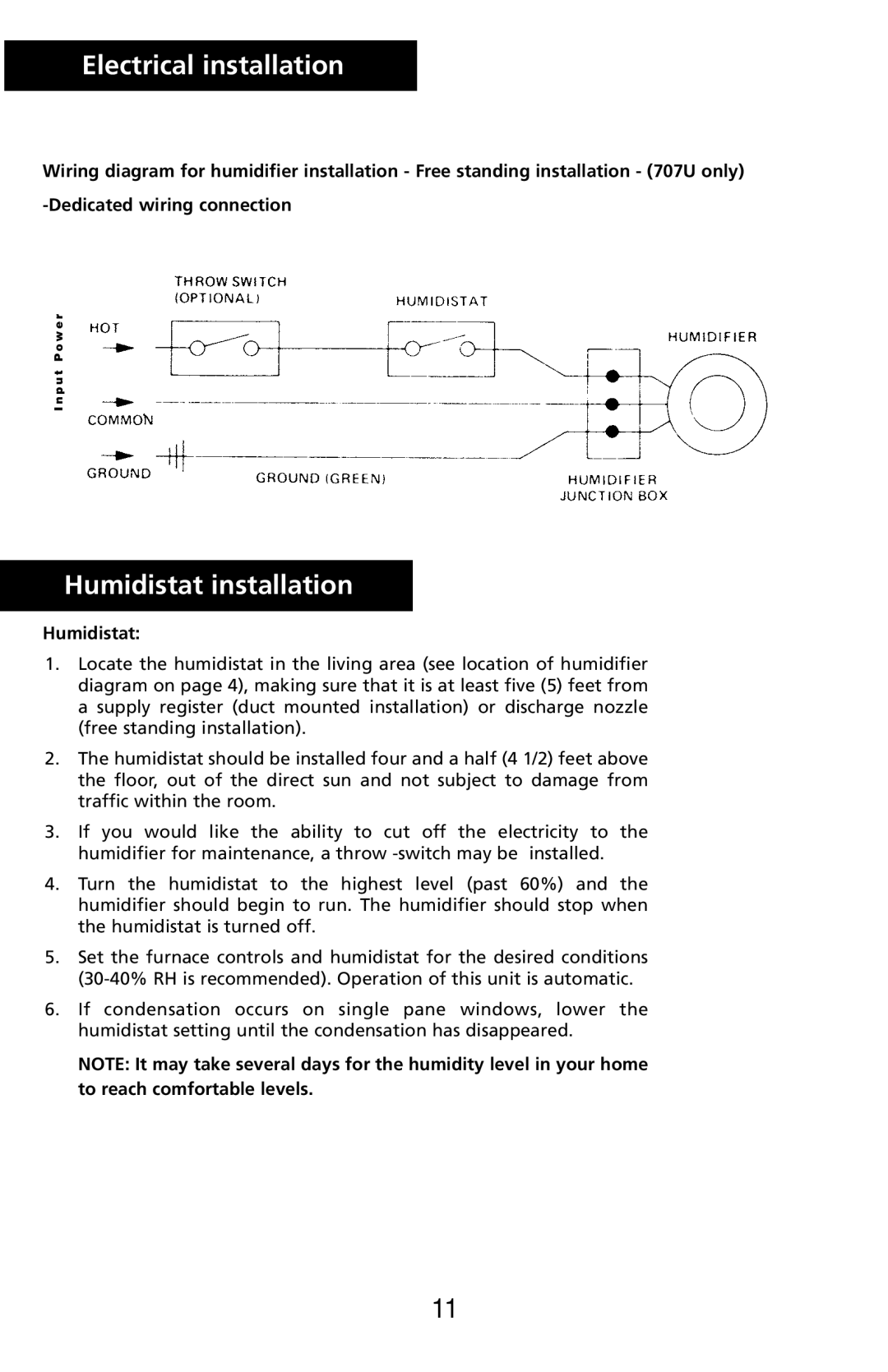 Herrmidifier Co 707U-UK specifications Humidistat installation, Dedicatedwiring connection, to reach comfortable levels 