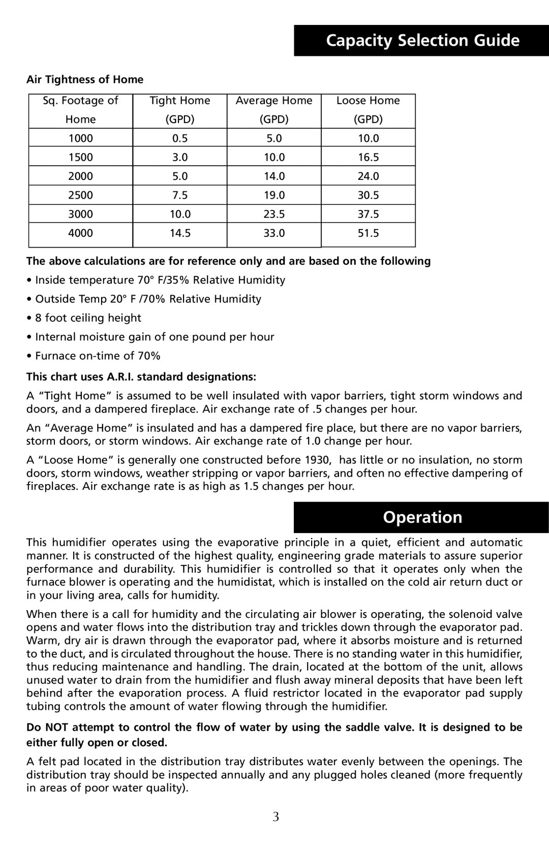 Herrmidifier Co G-100ES manual Capacity Selection Guide, Operation, Air Tightness of Home 