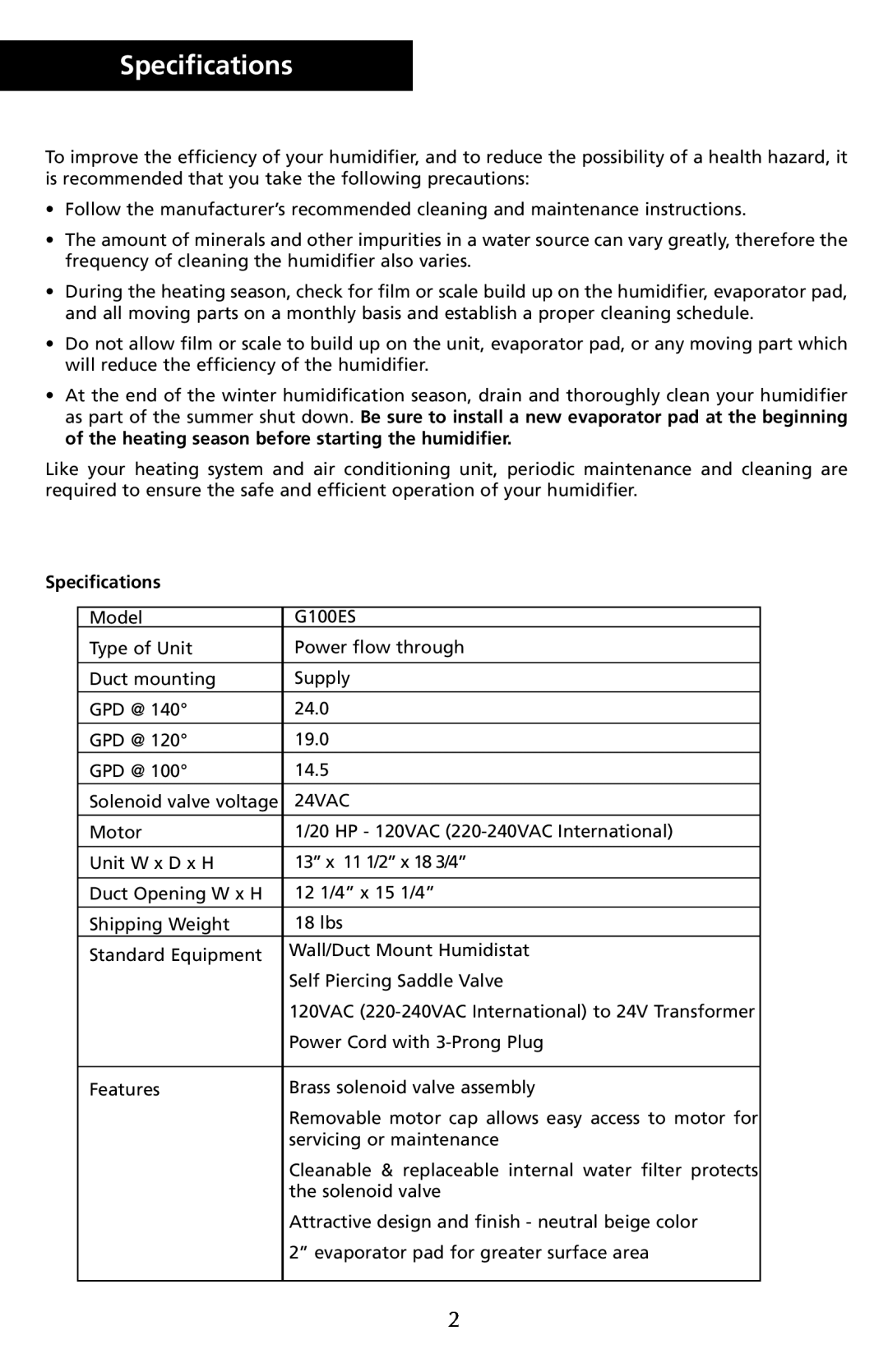 Herrmidifier Co G-100ES manual Specifications 
