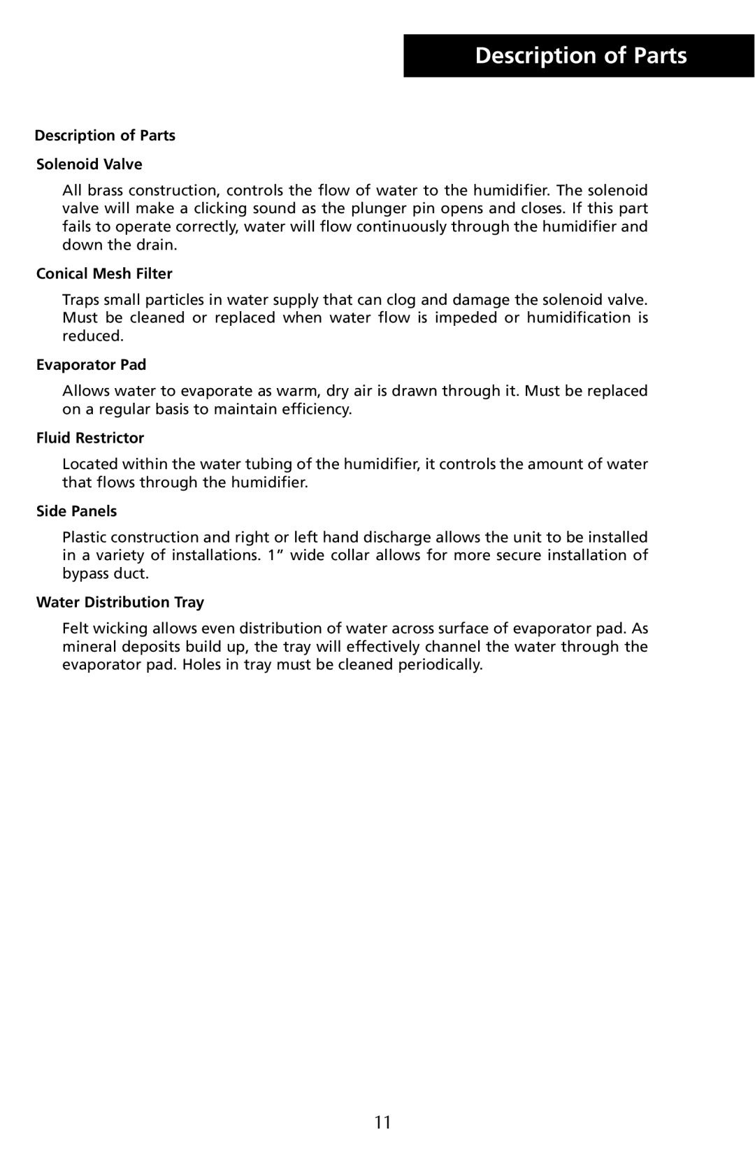 Herrmidifier Co G-200/300 manual Description of Parts 