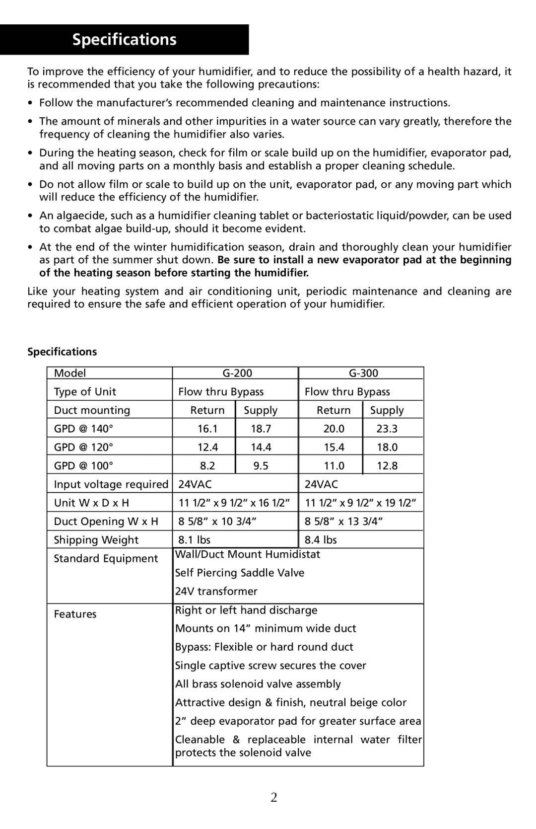 Herrmidifier Co G-200/300 manual Specifications 