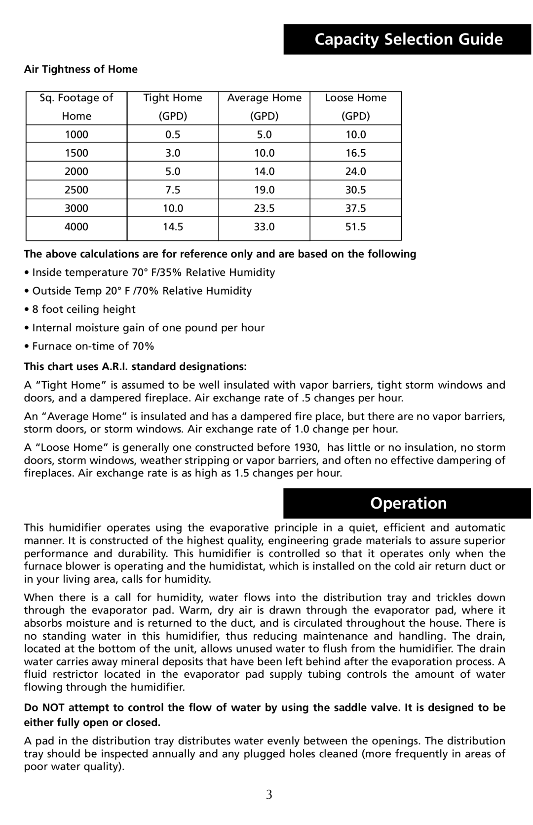 Herrmidifier Co G-200/300 manual Capacity Selection Guide, Operation, Air Tightness of Home 