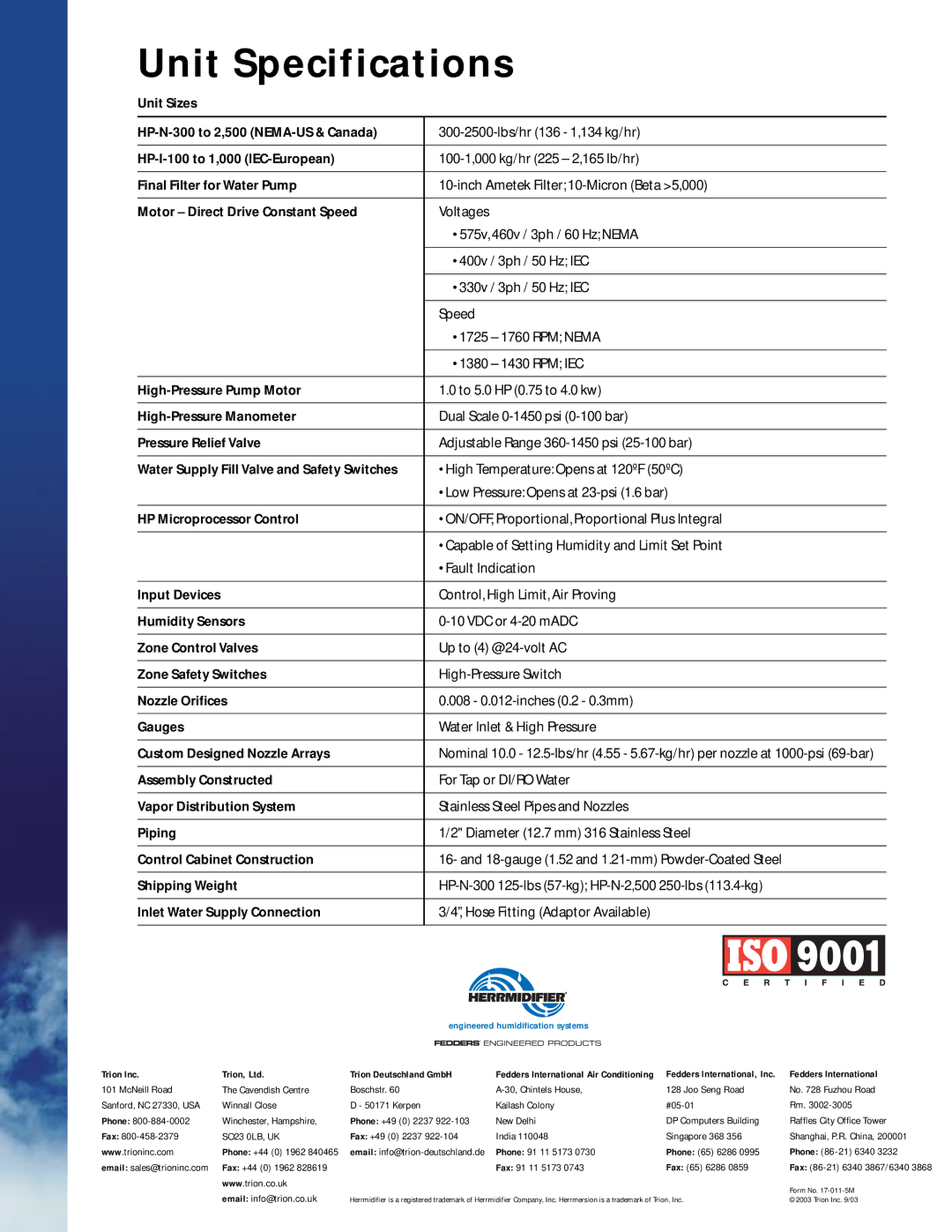 Herrmidifier Co Herrdraulic manual Unit Specifications 