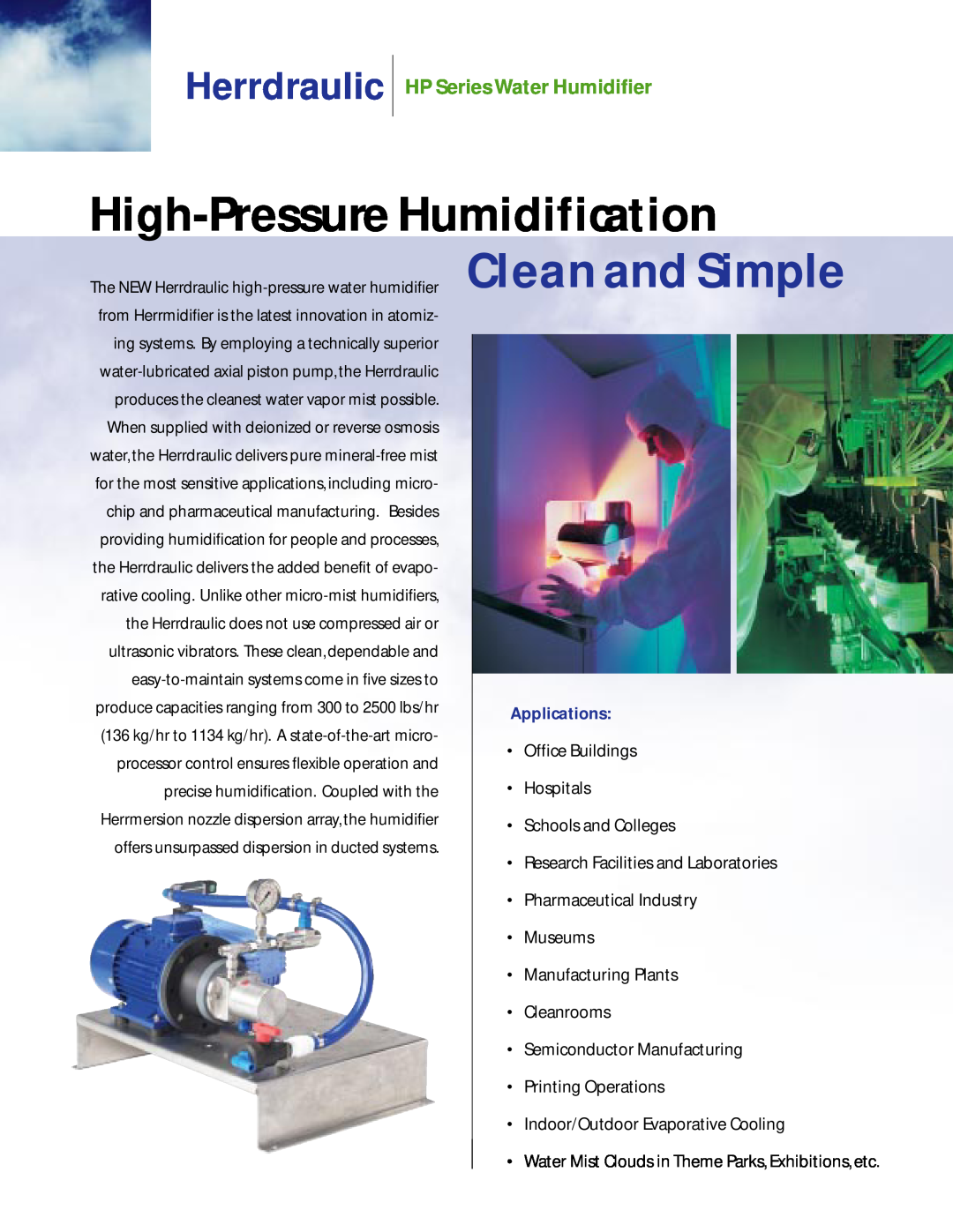 Herrmidifier Co Herrdraulic manual HP Series Water Humidifier, High-PressureHumidification, Clean and Simple 