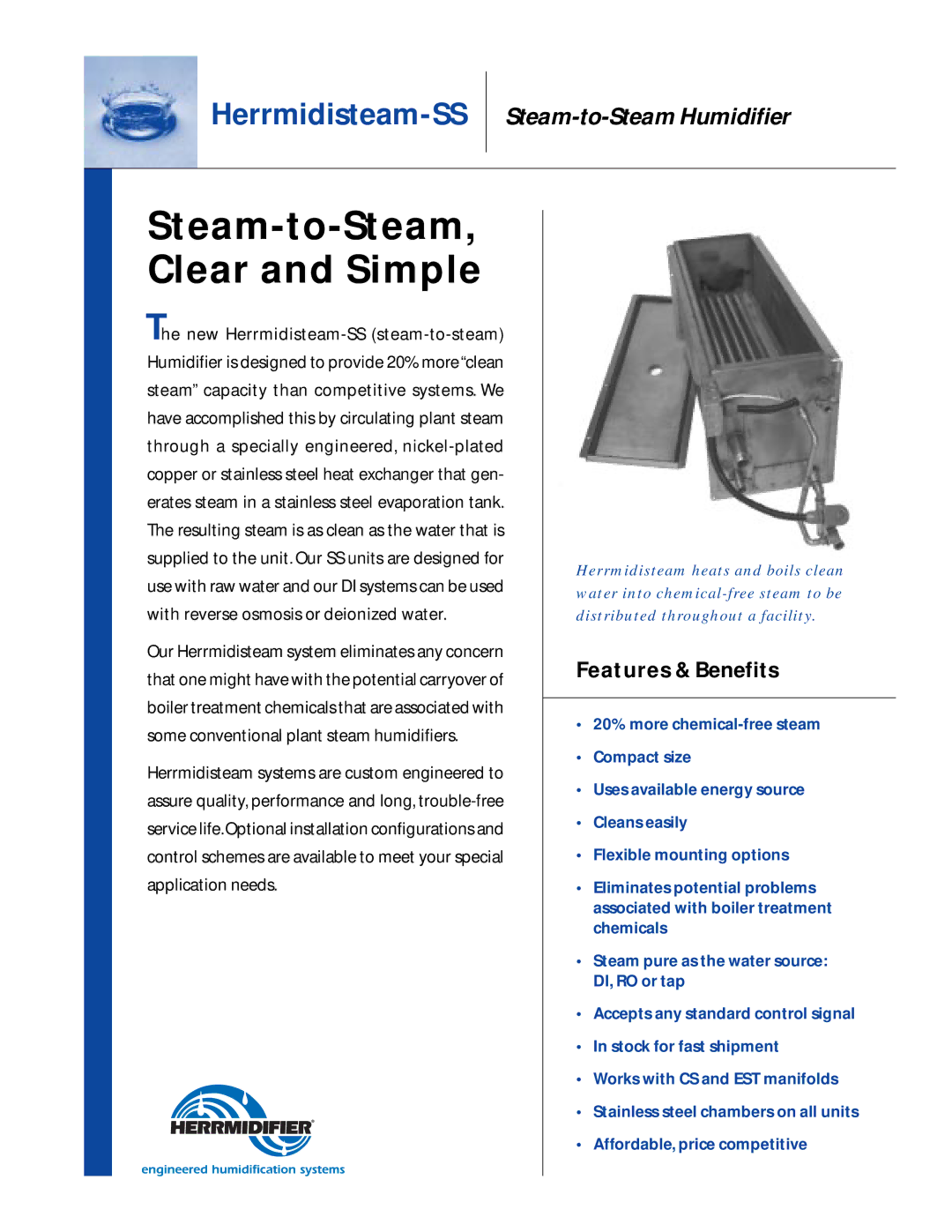 Herrmidifier Co Herrmidisteam-SS manual Steam-to-Steam, Clear and Simple, Features & Benefits 