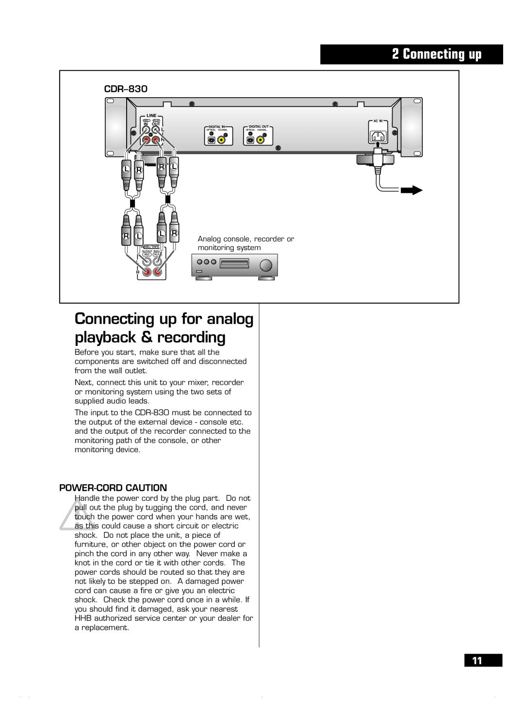 HHB comm CDR 830 manuel dutilisation Connecting up for analog playback & recording, POWER-CORD Caution 