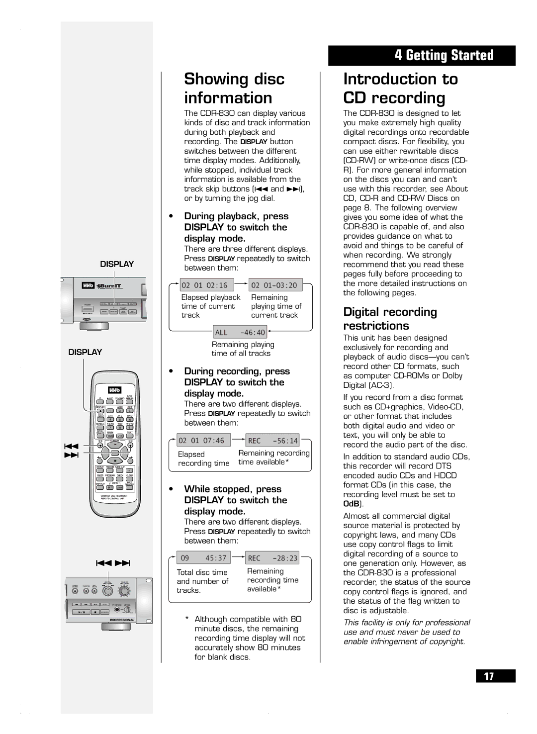 HHB comm CDR 830 manuel dutilisation Showing disc information, Introduction to CD recording, Digital recording restrictions 