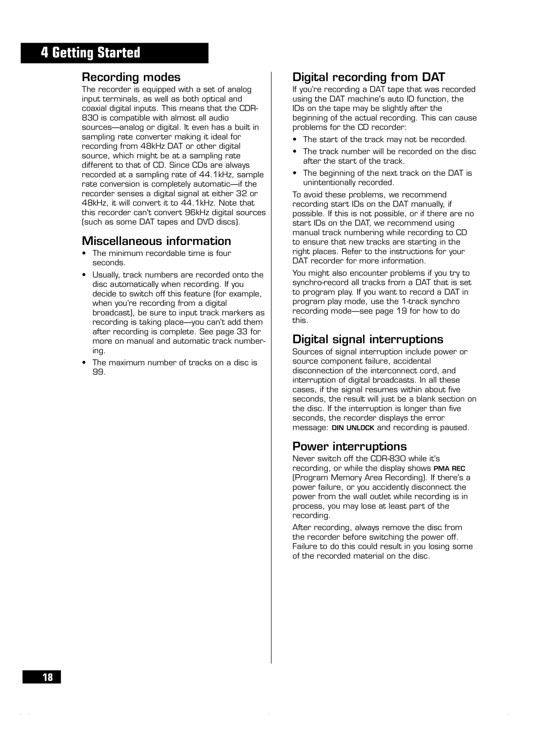 HHB comm CDR 830 Recording modes, Miscellaneous information, Digital recording from DAT, Digital signal interruptions 