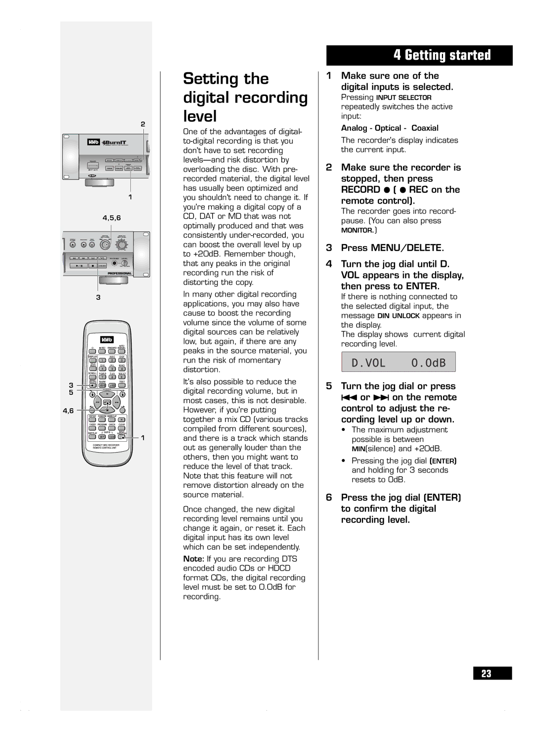 HHB comm CDR 830 manuel dutilisation Setting the digital recording level, Make sure one of the digital inputs is selected 